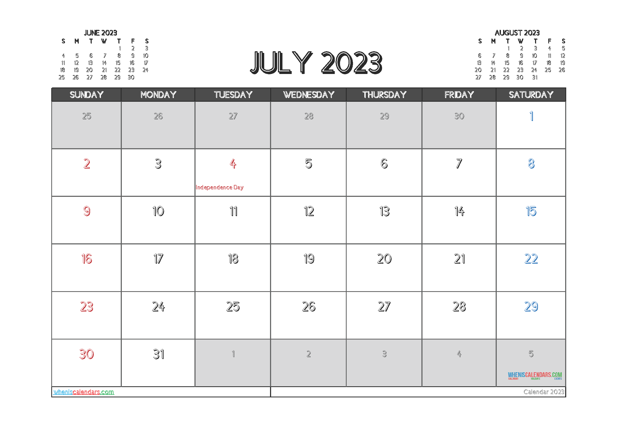 Printable Calendar July 2023 Free