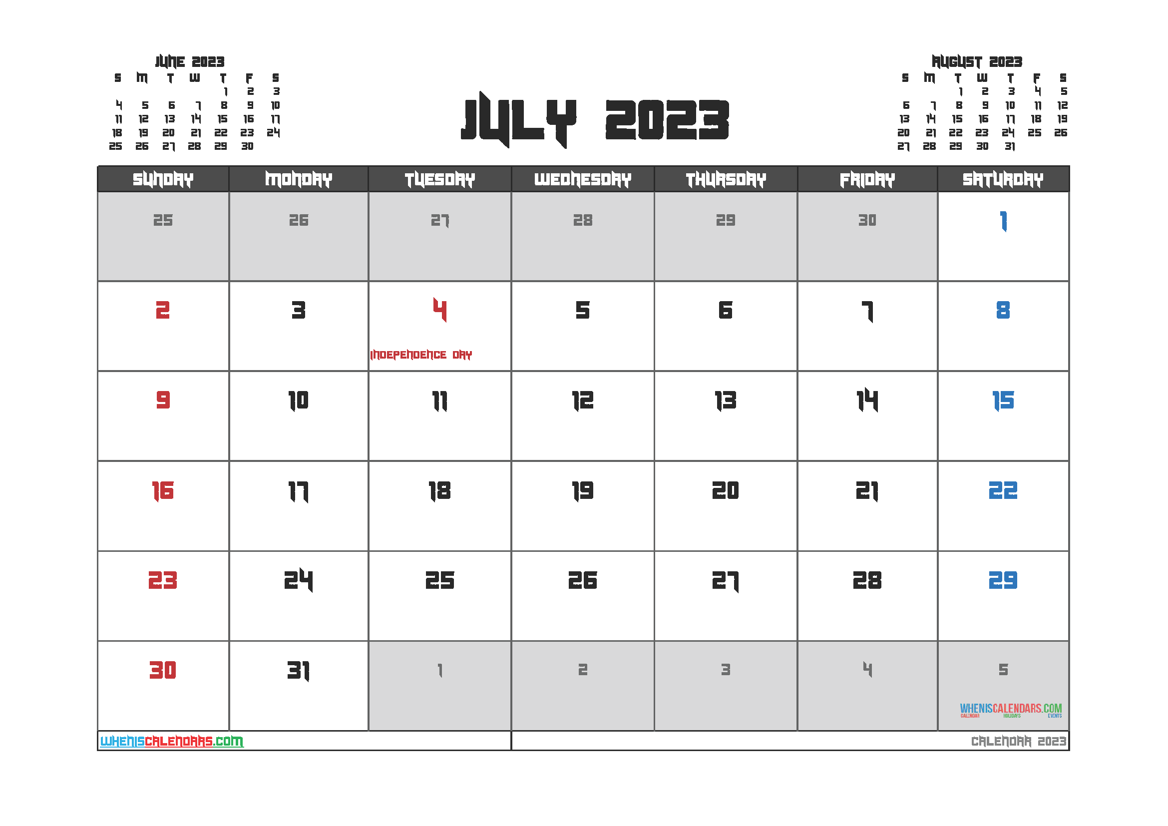 Free July 2023 Printable Calendar