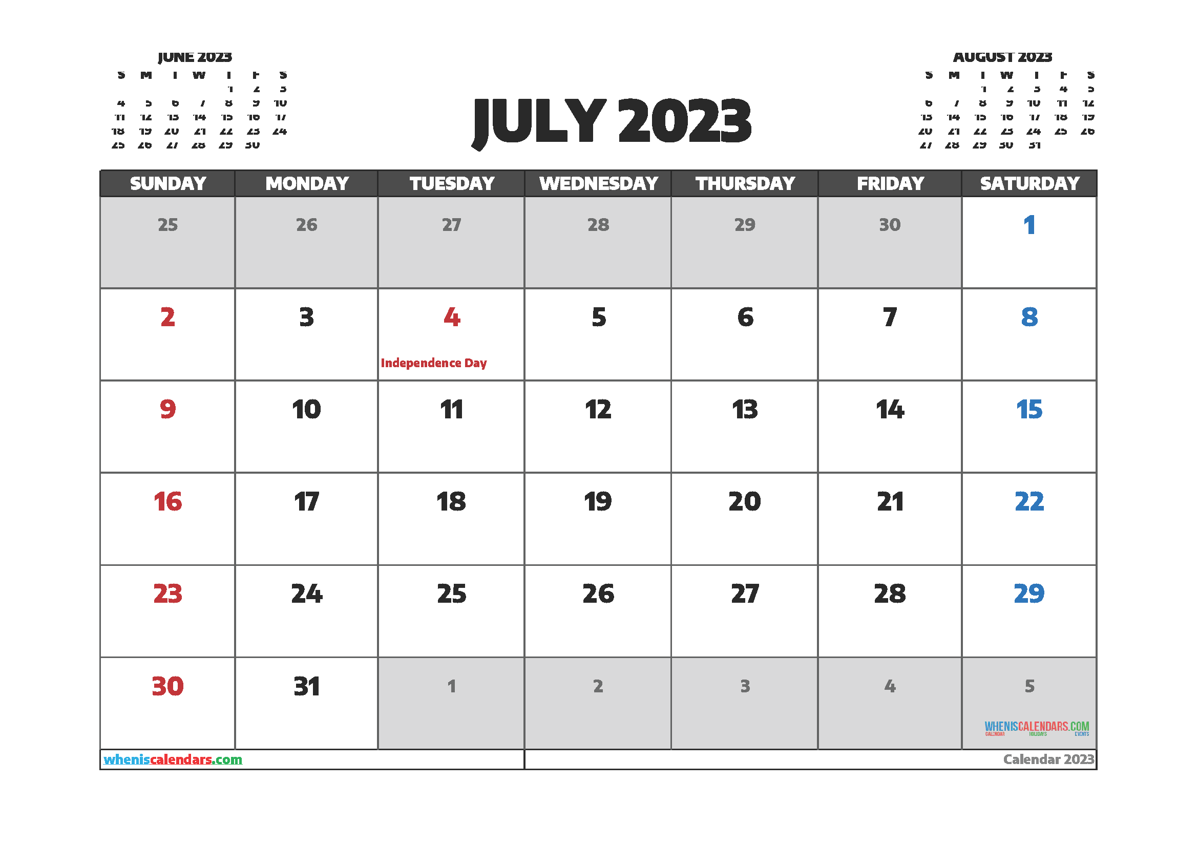 July 2023 Monthly Printable Calendar July 2023 Calendar Free 