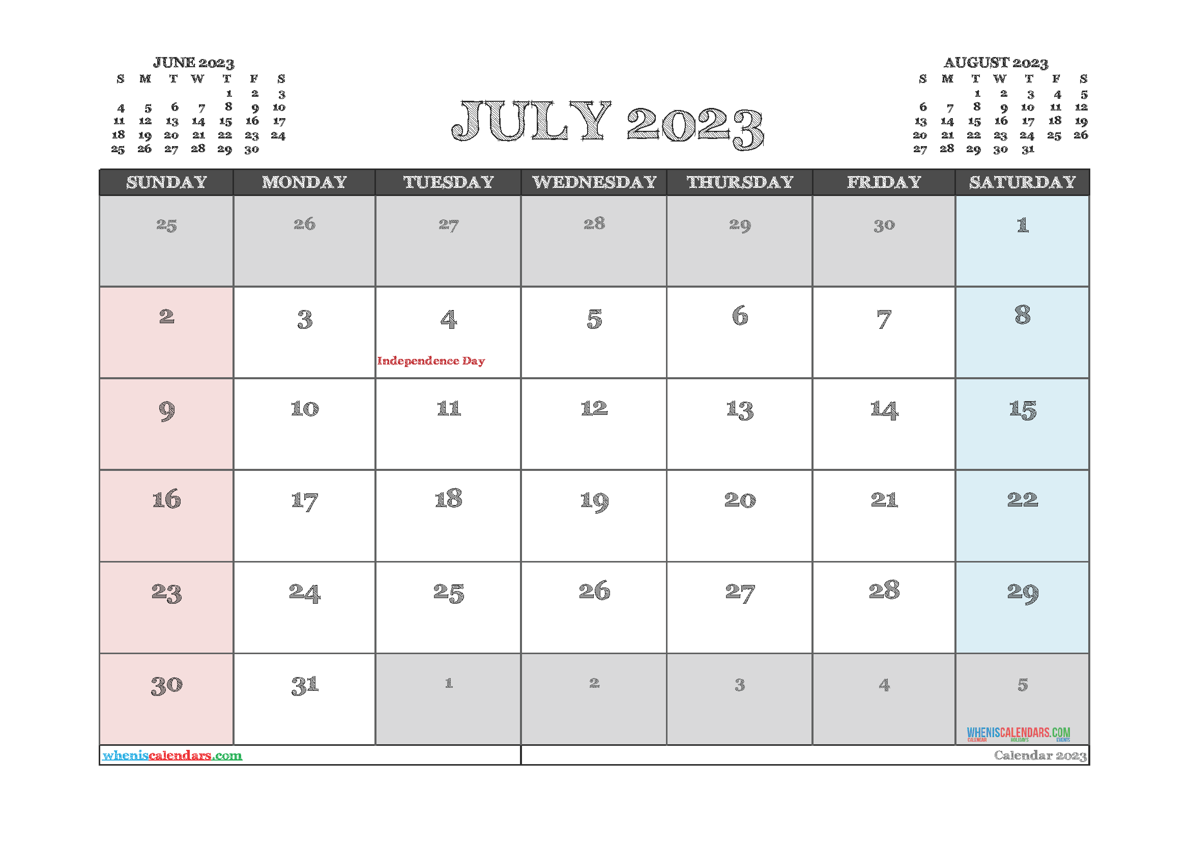 Free Cute July 2023 Calendar