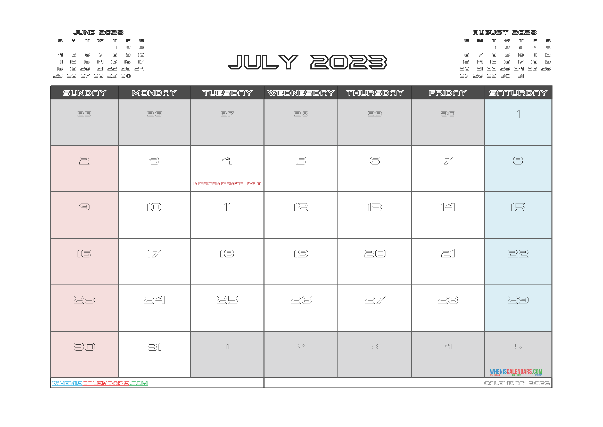 Free July 2023 Printable Calendar