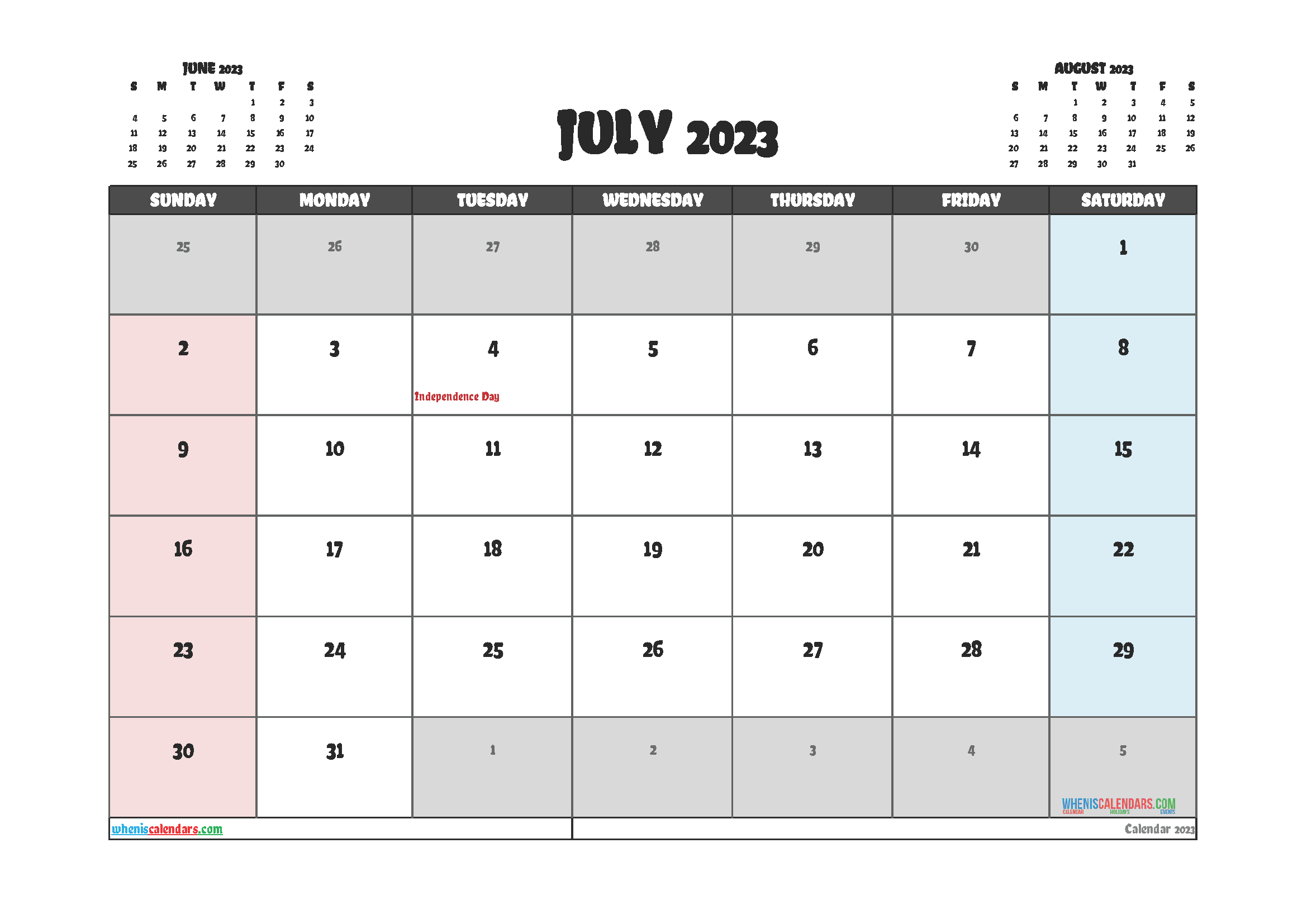 Free Editable July 2023 Printable Calendar
