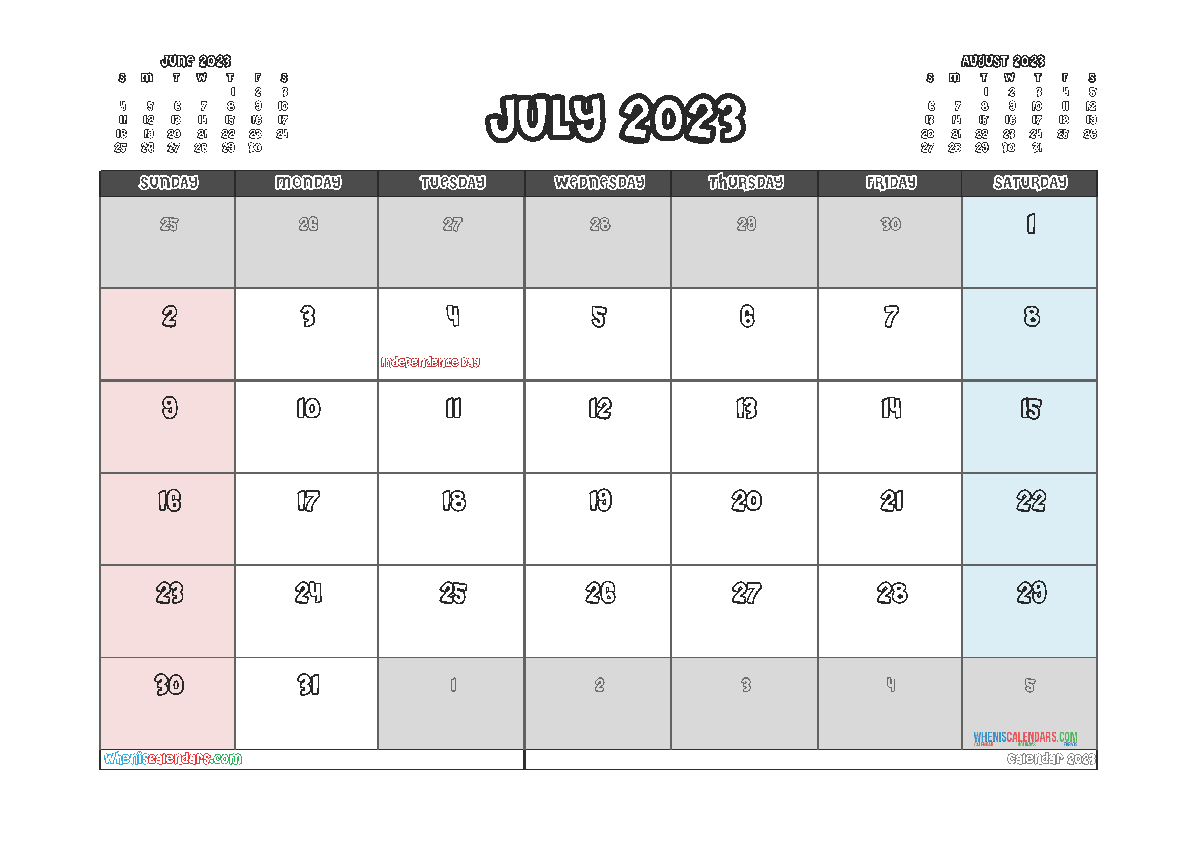 Free July Blank Calendar 2023