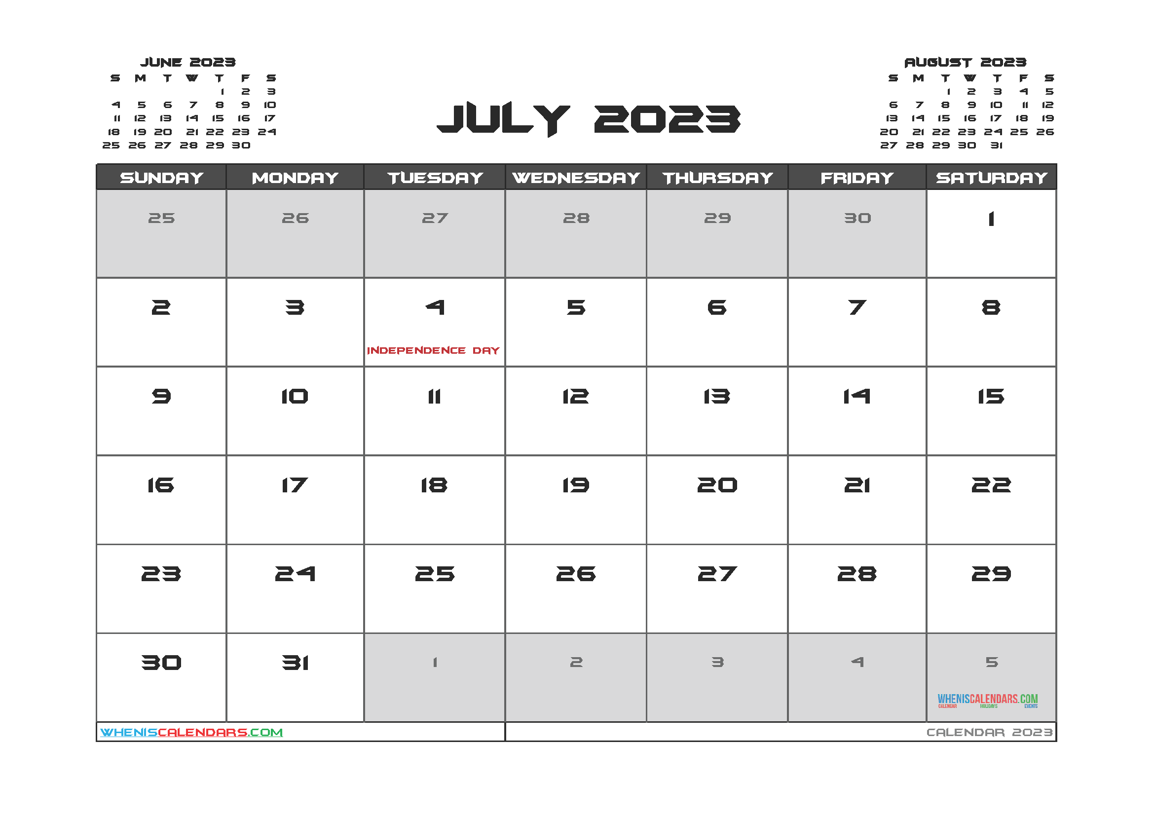 Free Printable July 2023 Calendar