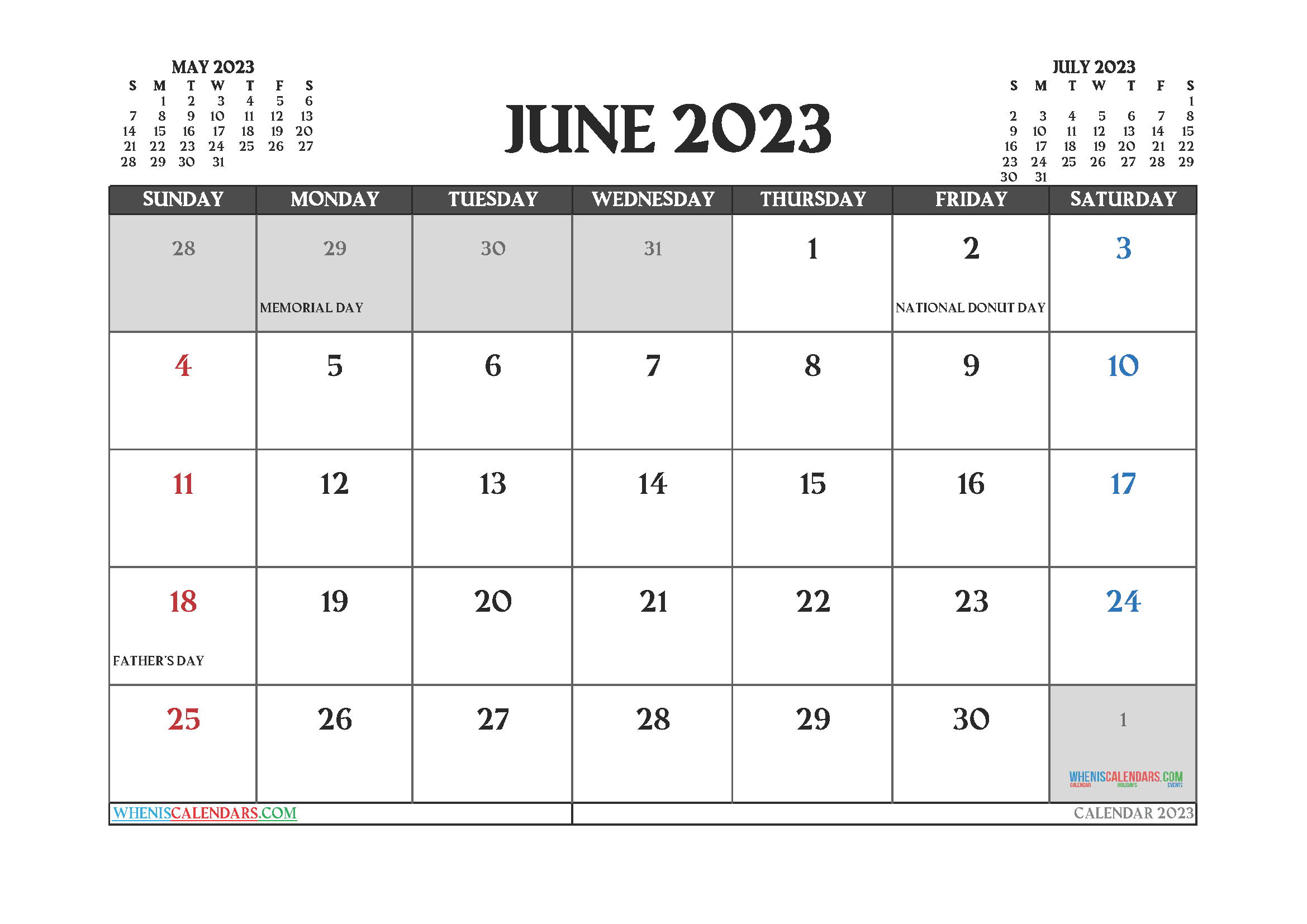 Calendar June 2023 with Holidays