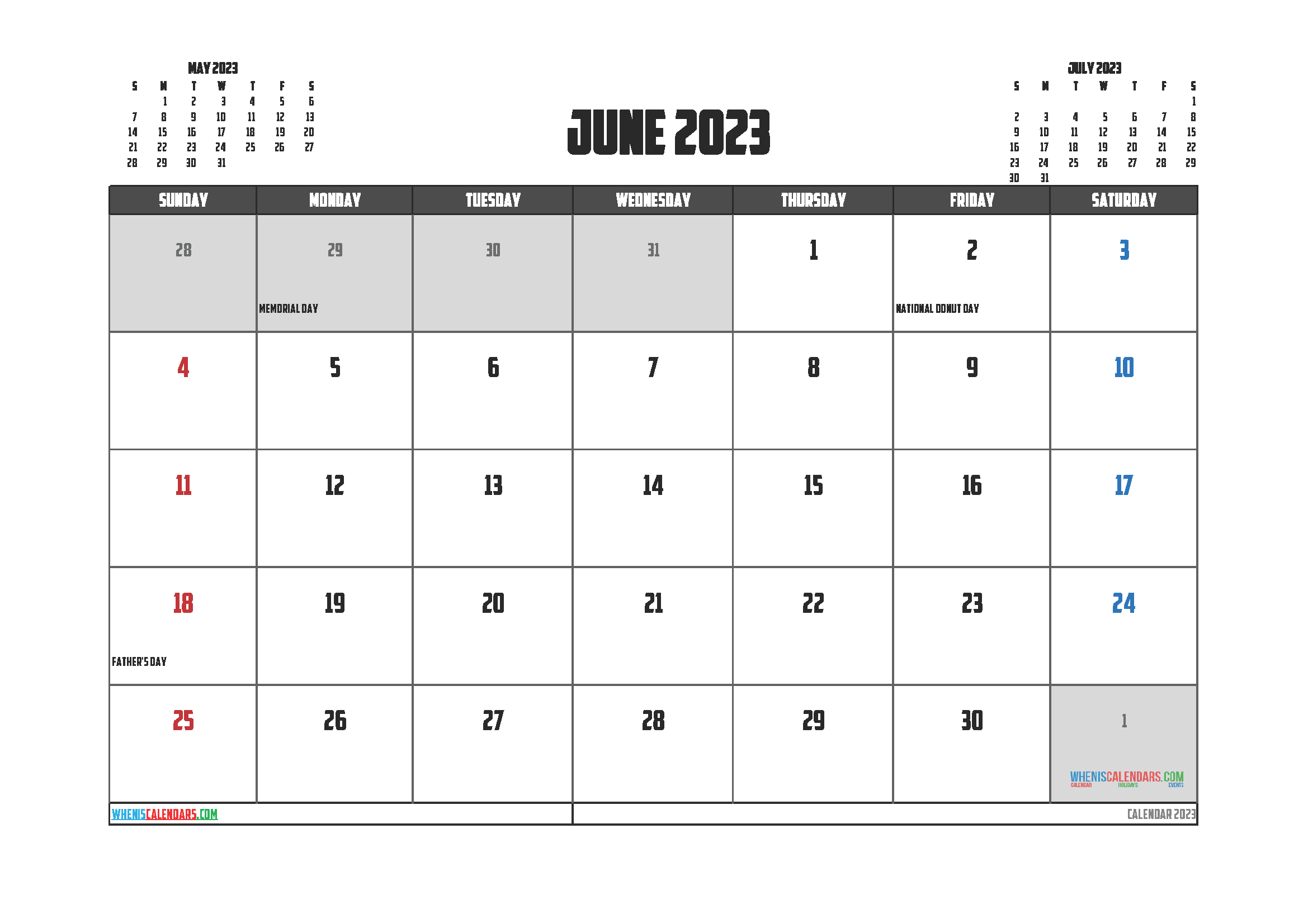 Free June Calendar 2023 with Holidays