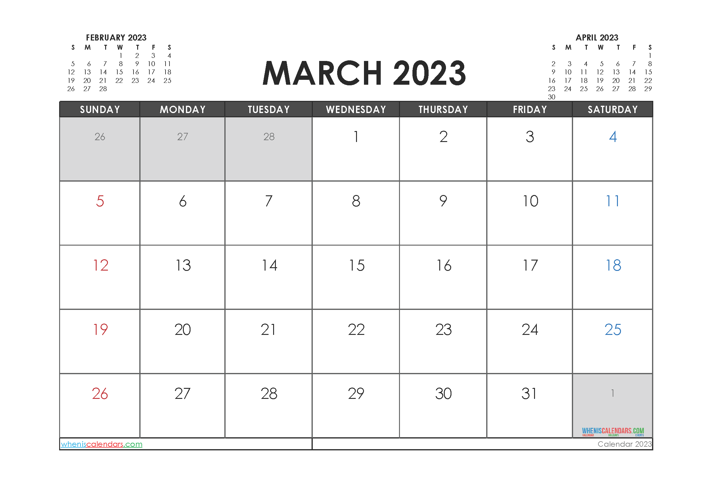 Free Printable Calendar March 2023