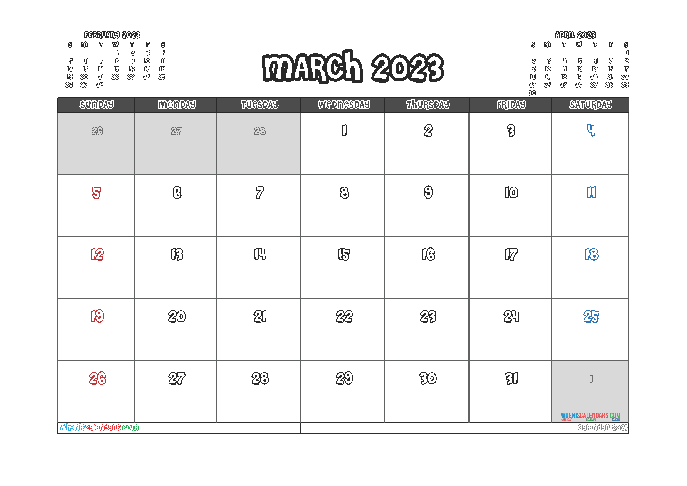 Calendar March 2023 with Holidays