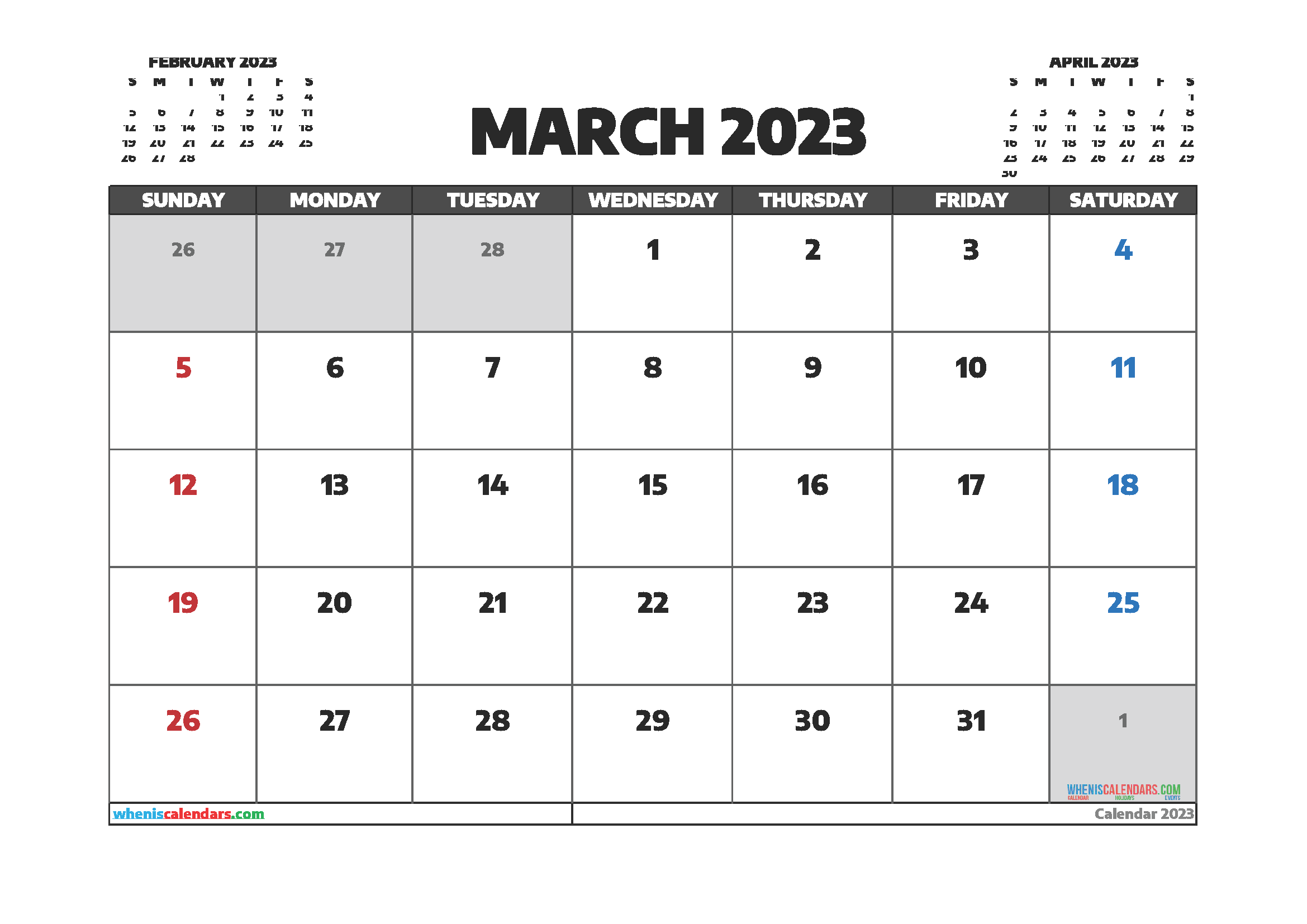 March 2023 Calendar Printable Free (3 Month Template)