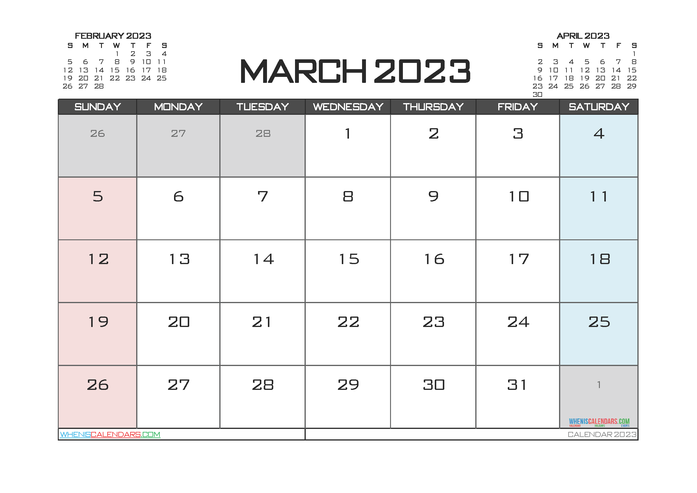Calendar March 2023 with Holidays