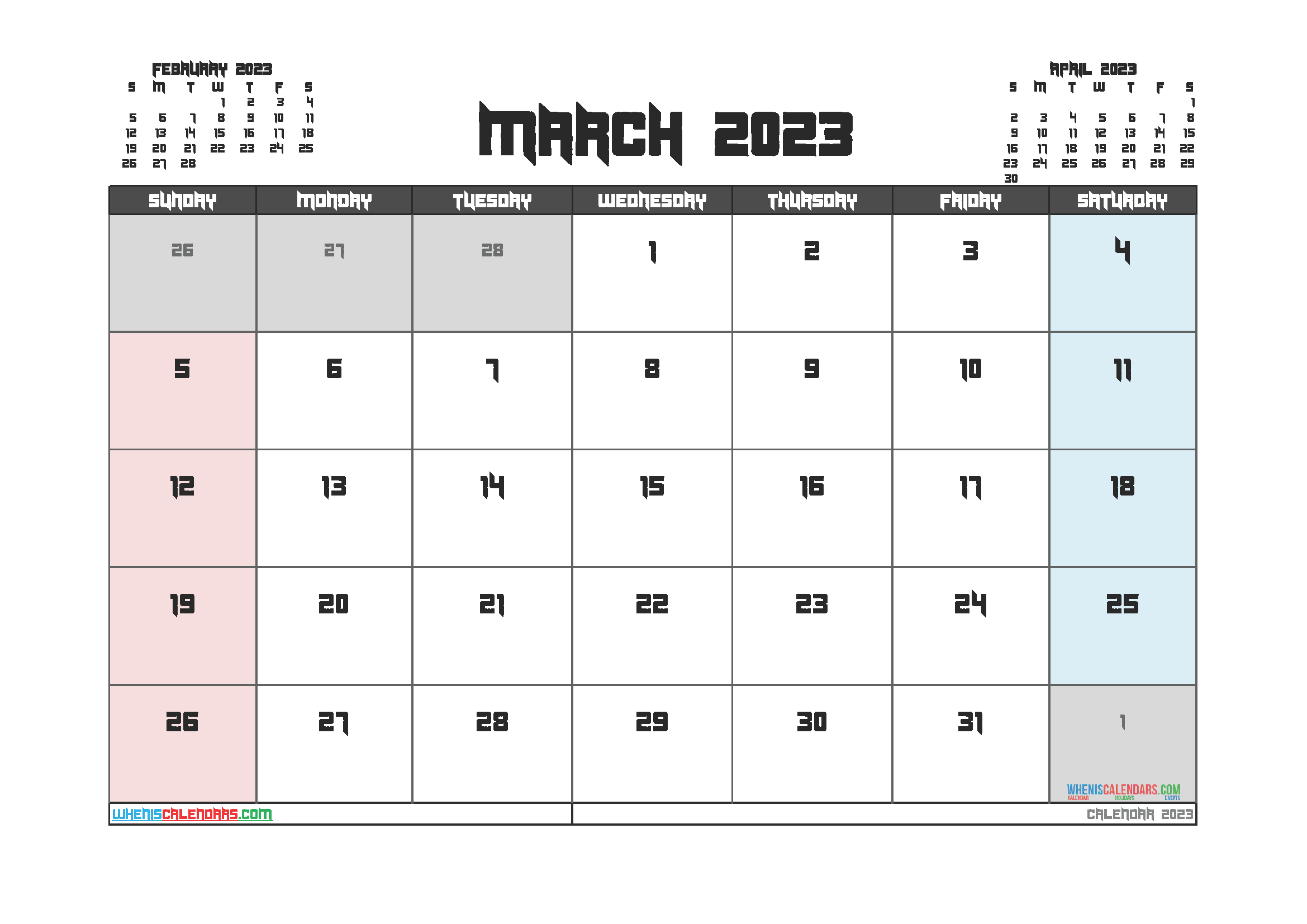 Free Editable Calendar March 2023 PDF