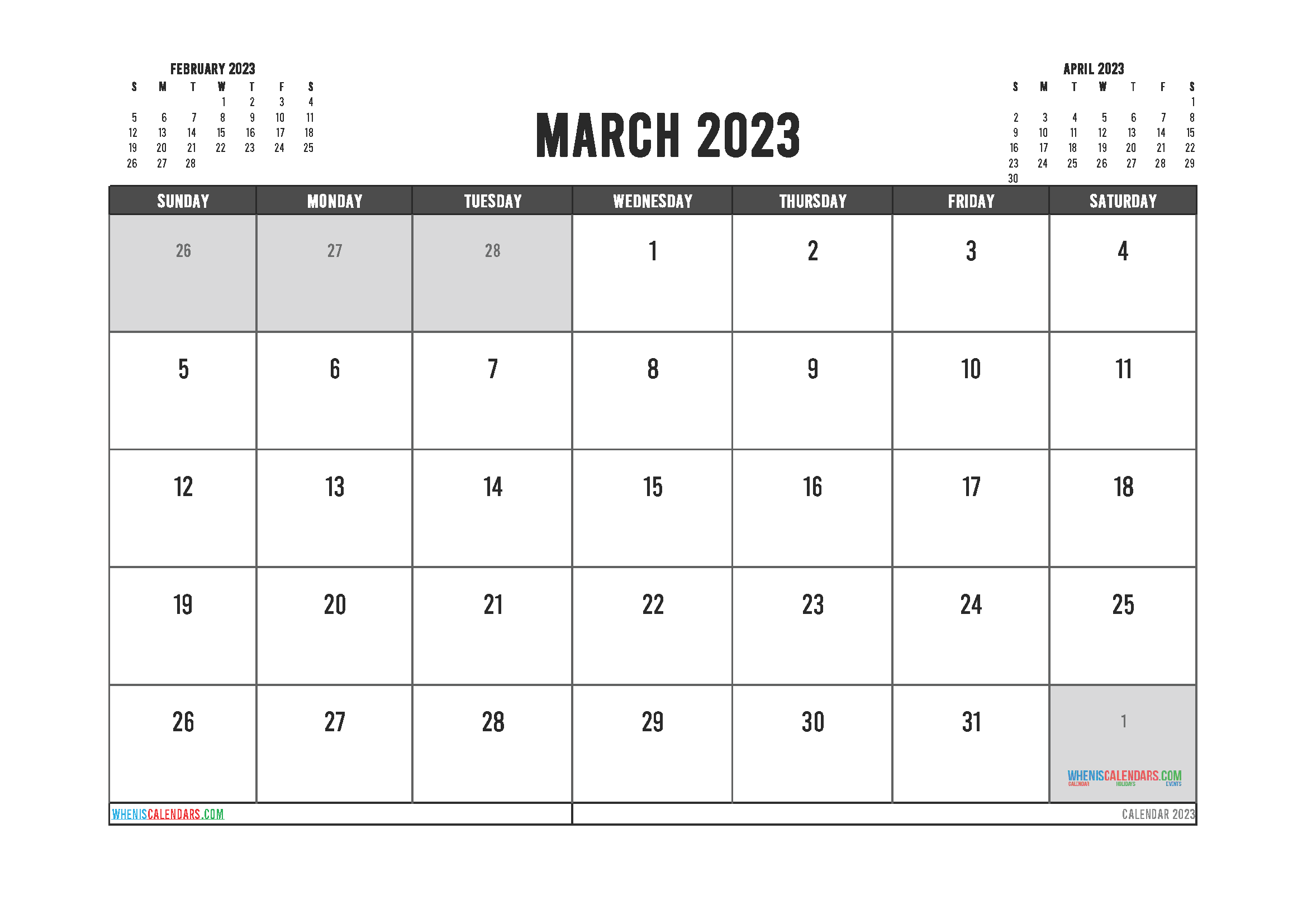 March 2023 Free Calendar Printable