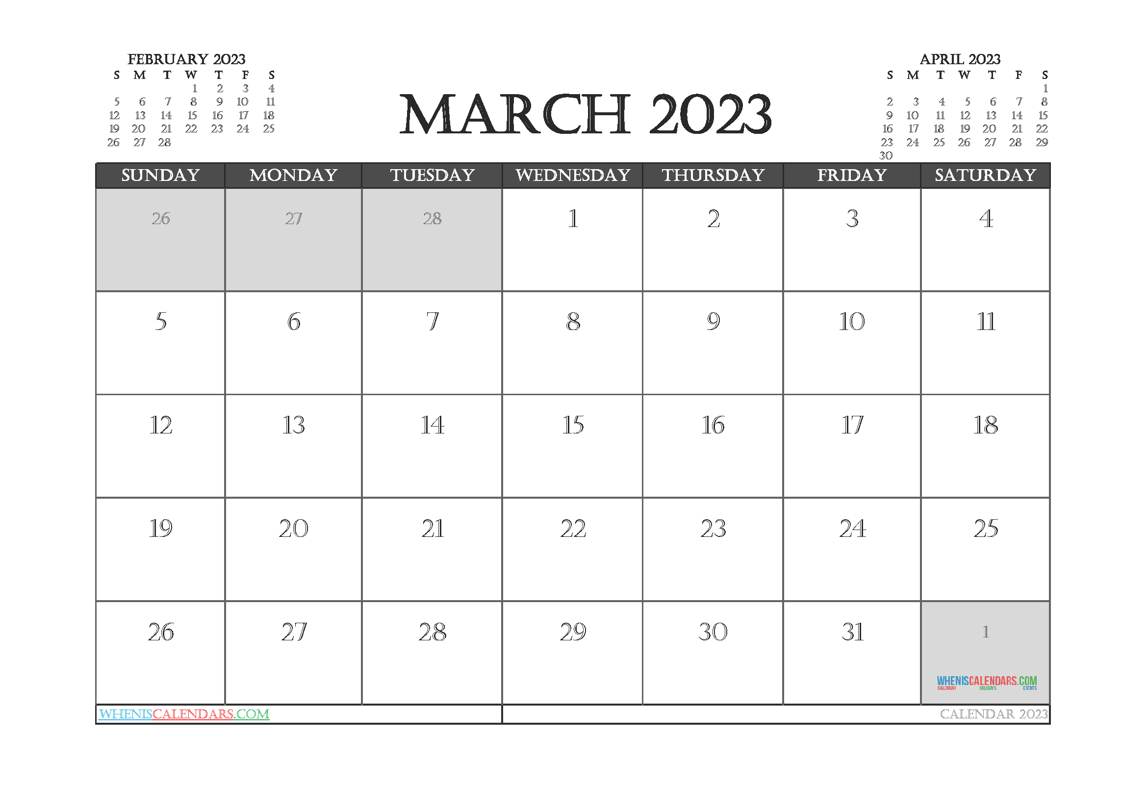 Free March Calendar 2023 with Holidays