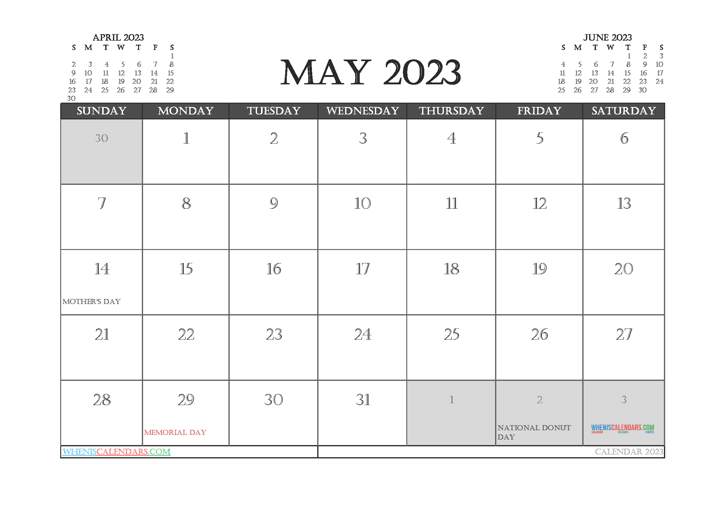 Free May Calendar 2023 with Holidays
