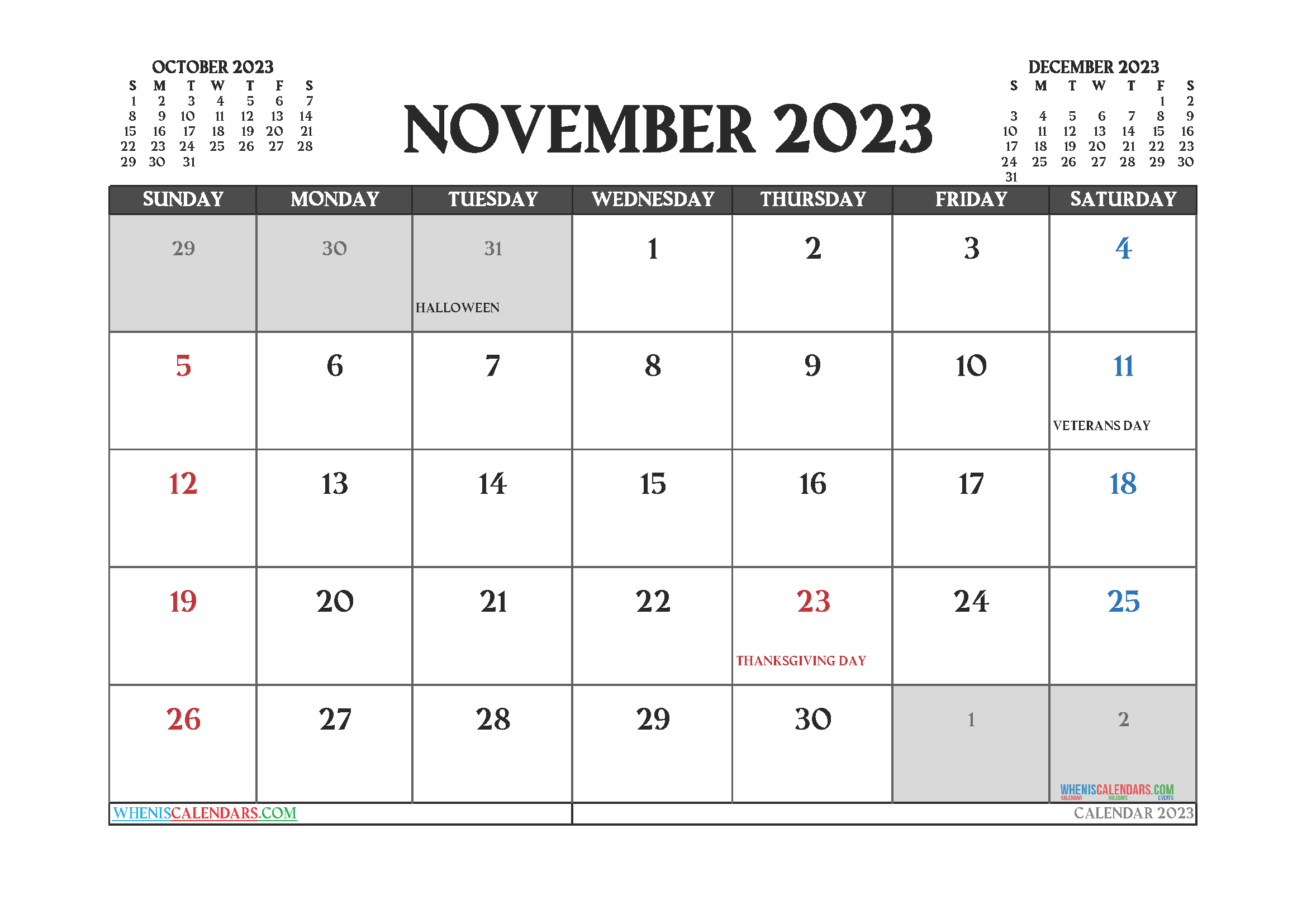 Printable November 2023 Calendar Free