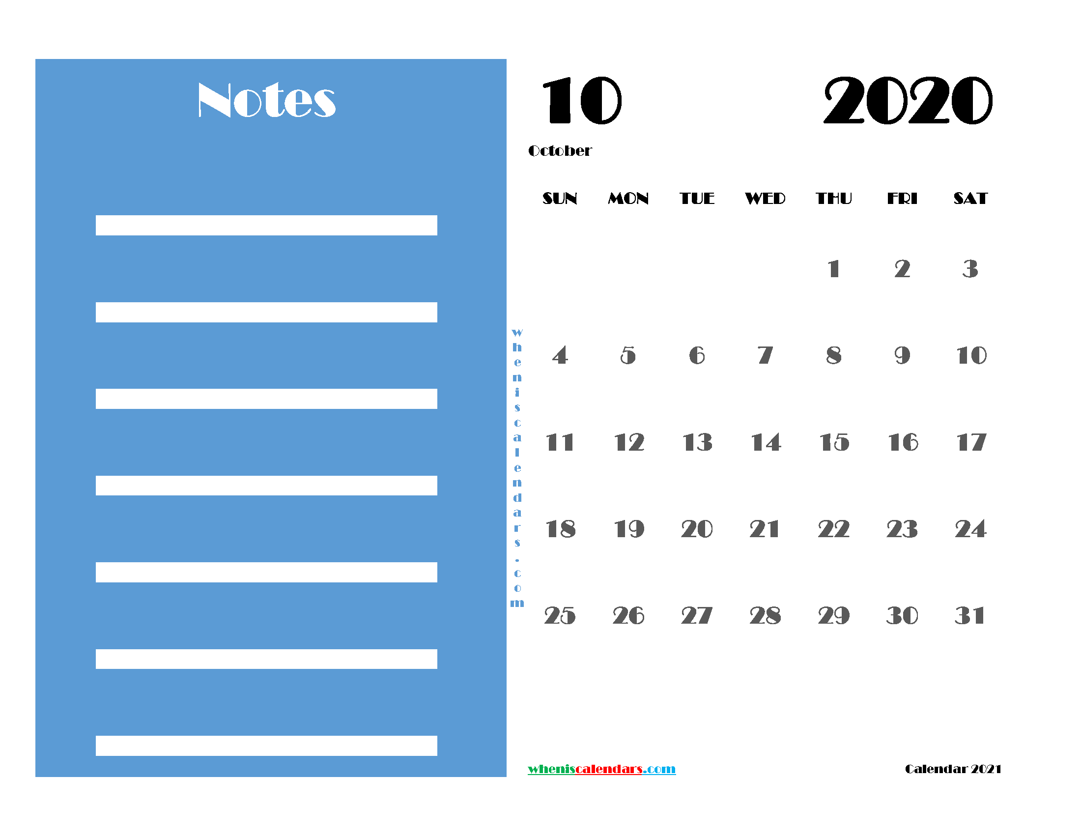 October 2020 Free Calendar Printable