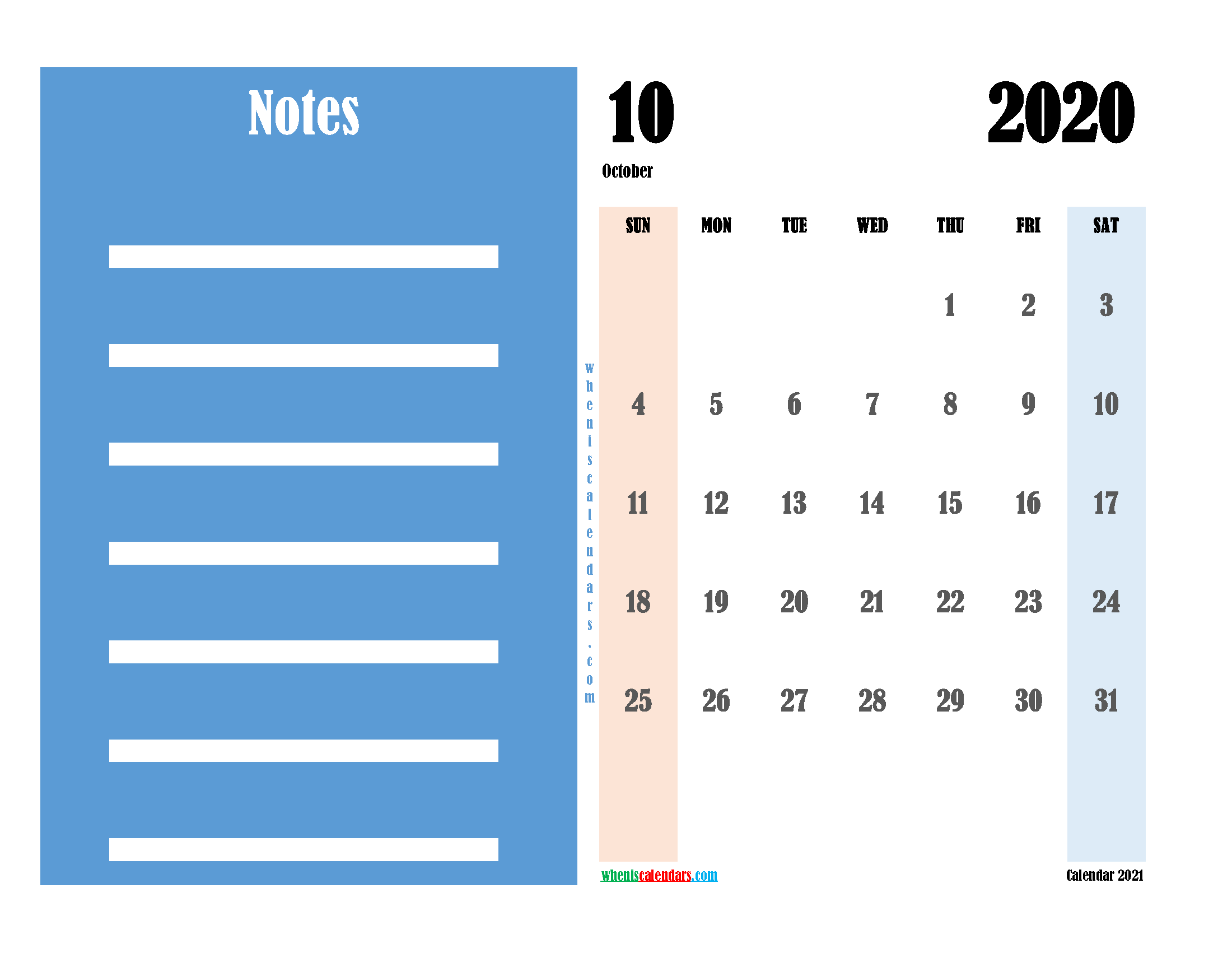 Free Editable Calendar October 2020 PDF