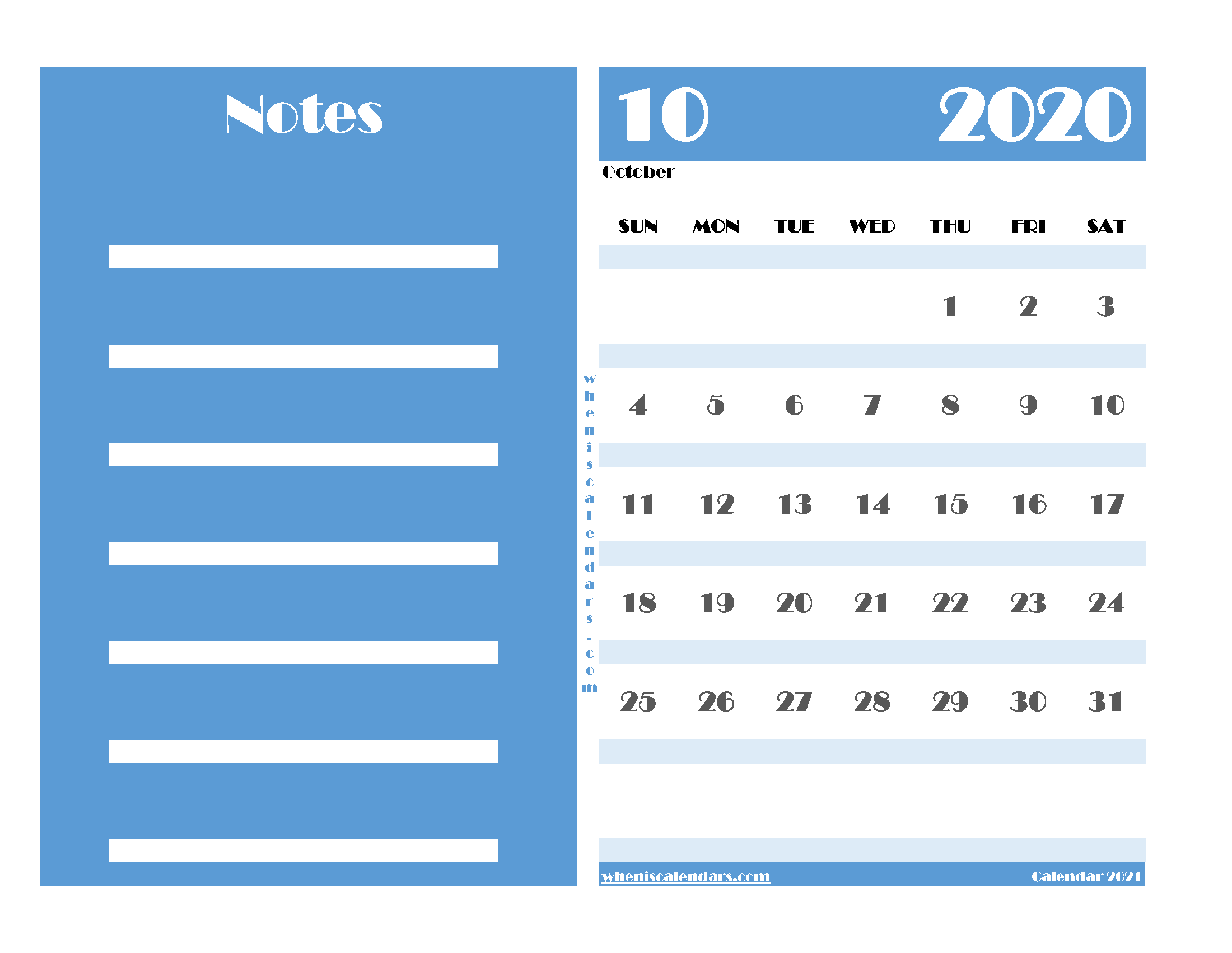 October 2020 Free Calendar Printable