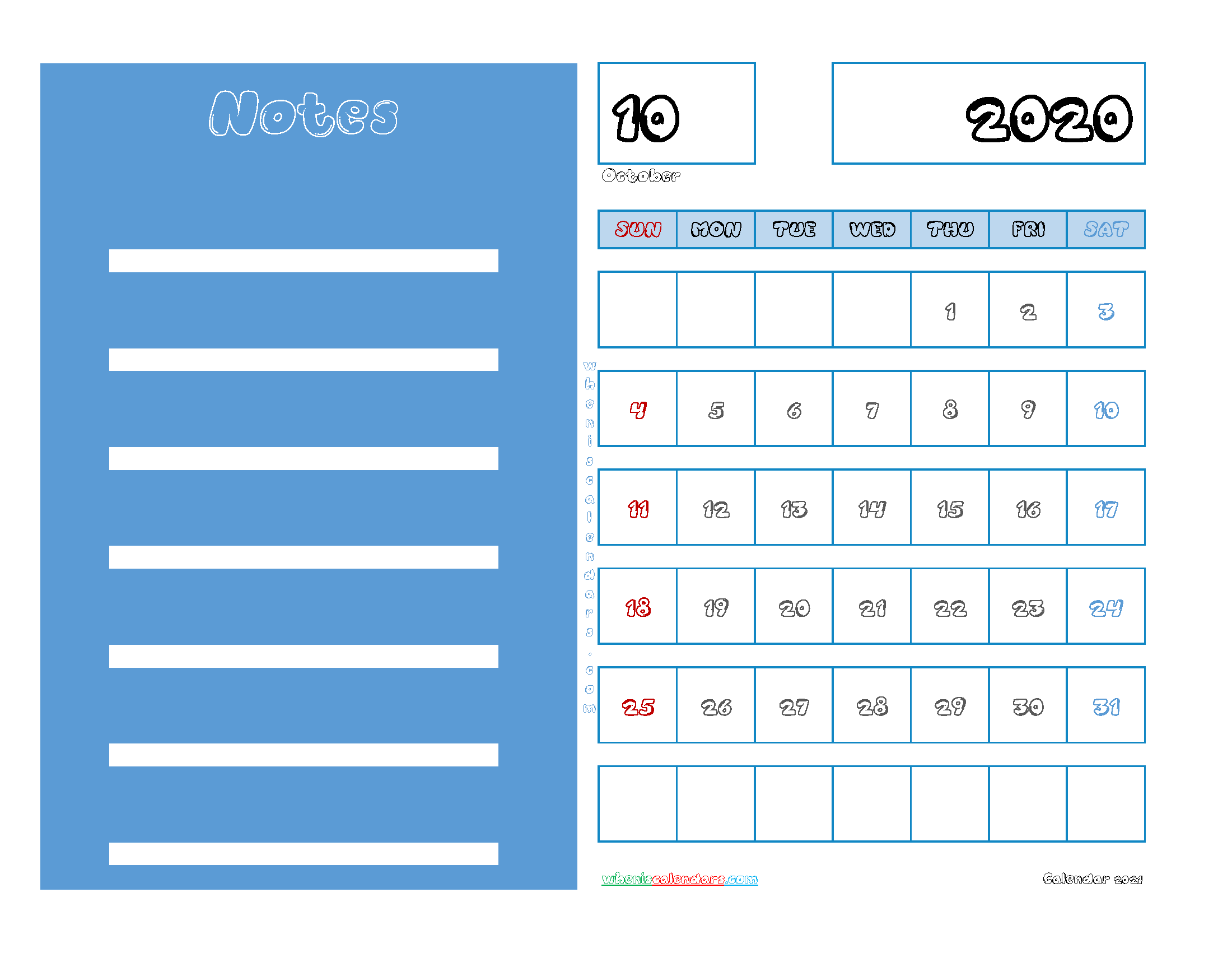 Free October 2020 Printable Calendar PDF