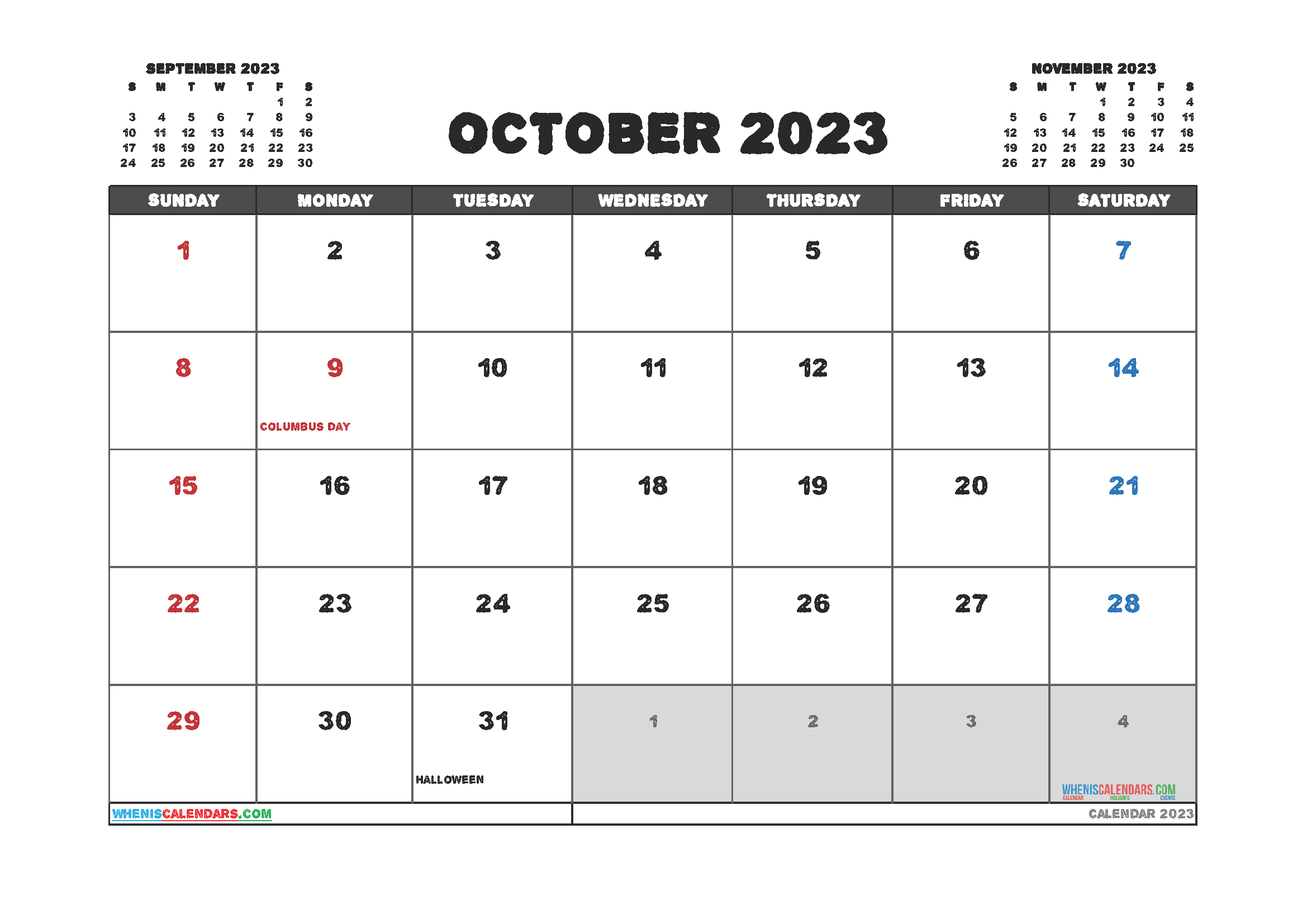Free Editable Calendar October 2023 PDF
