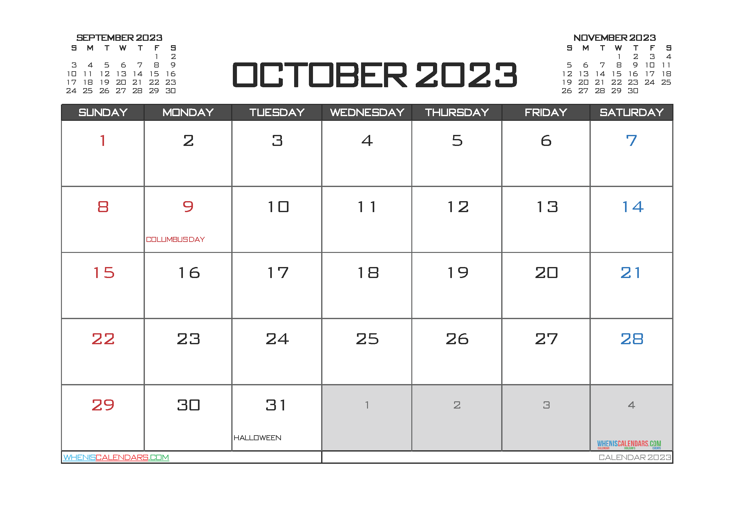 October 2023 Calendar Printable Free