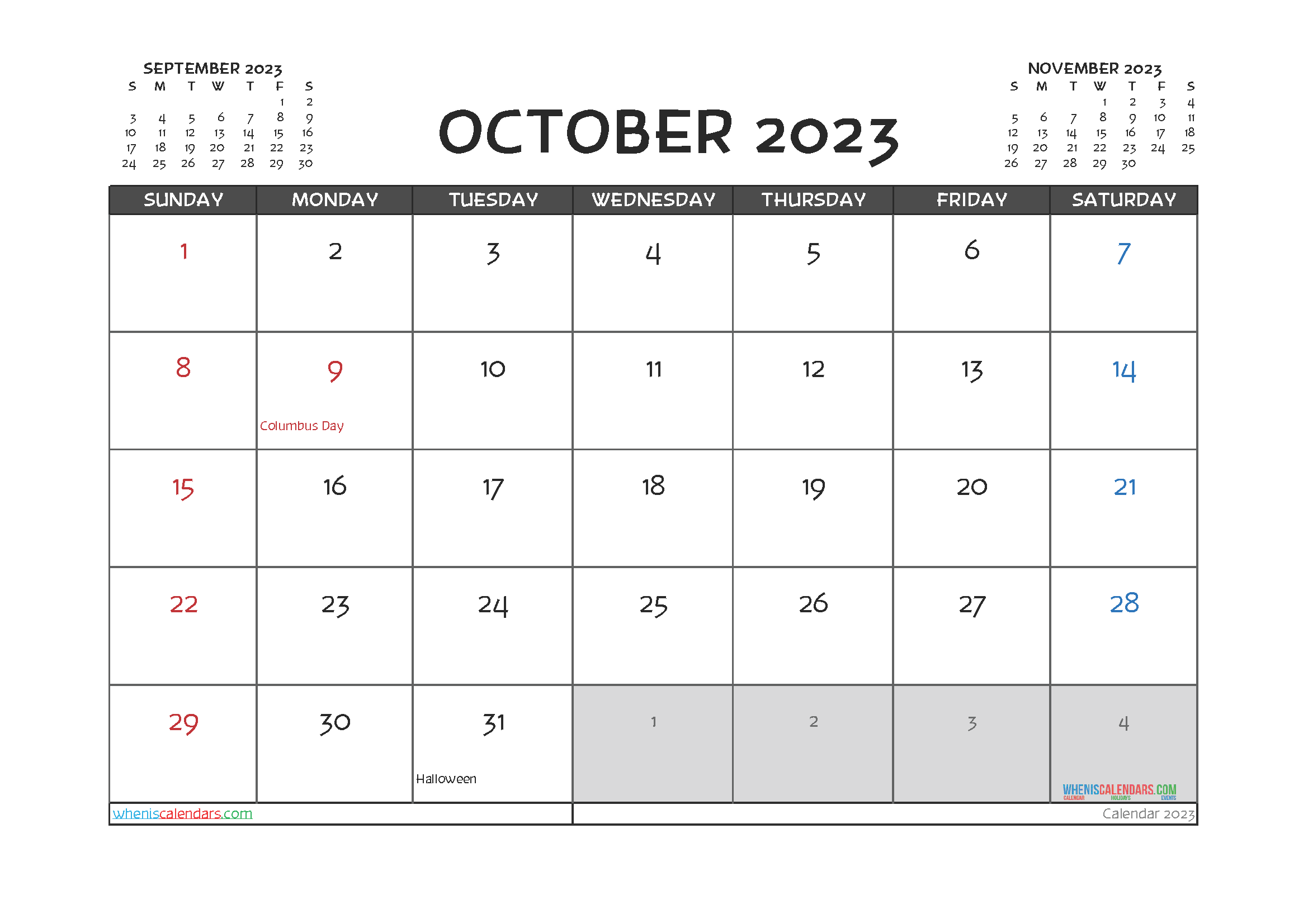October 2023 Calendar Printable For Free