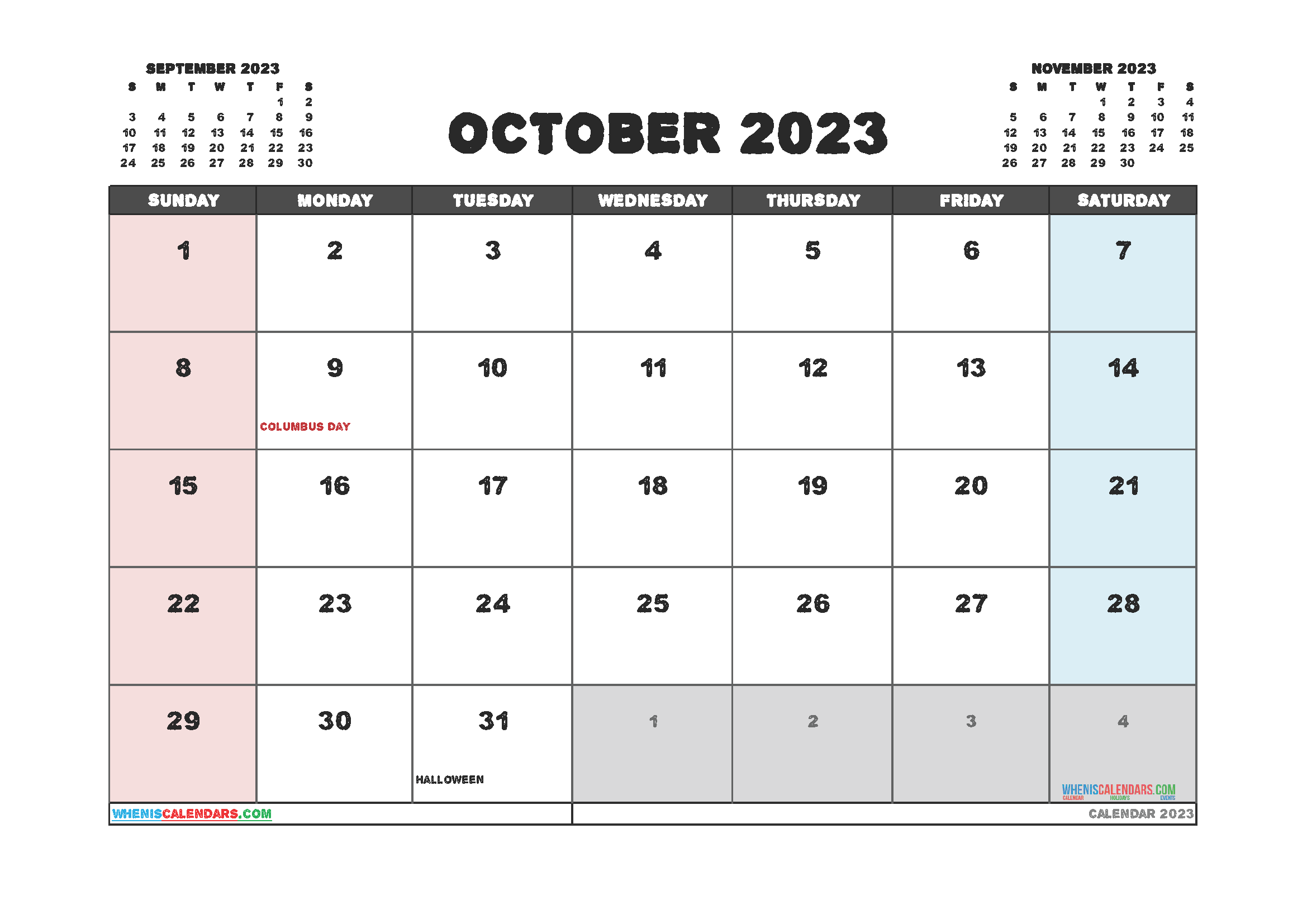 Printable Calendar October 2023 Free