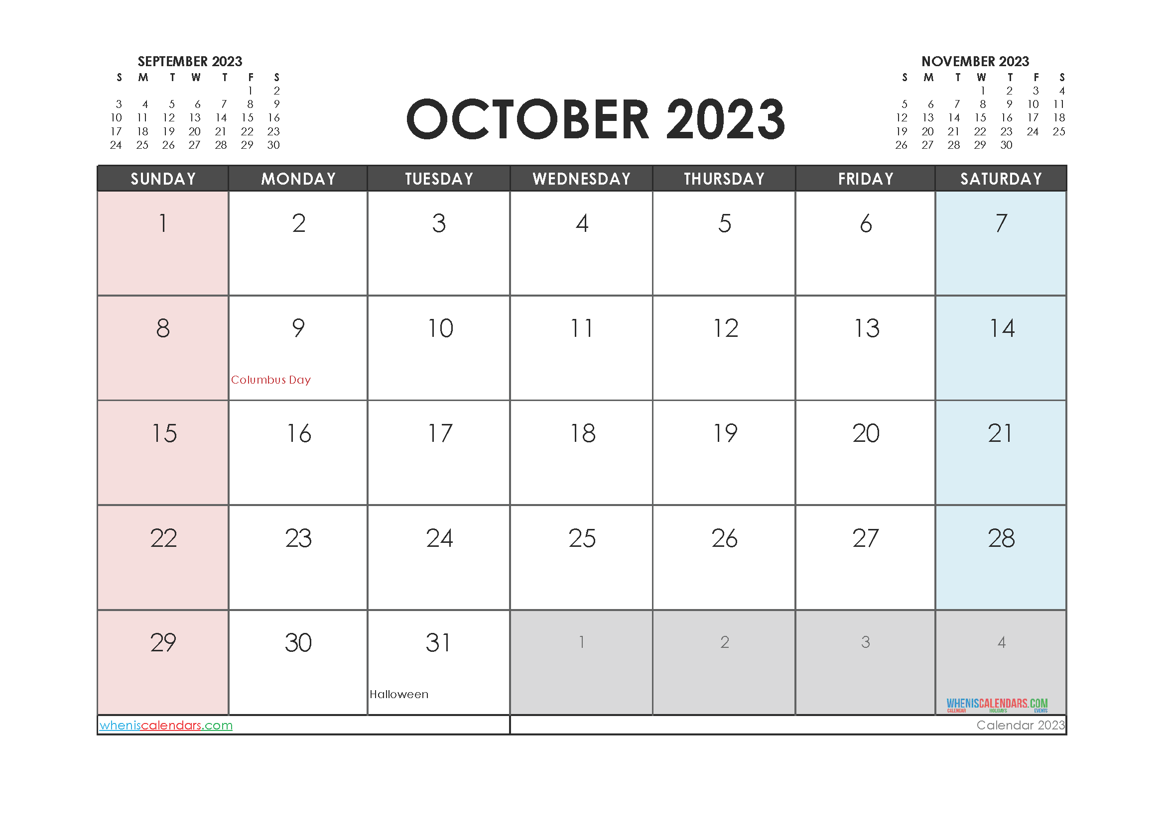 Free Editable Calendar October 2023 PDF