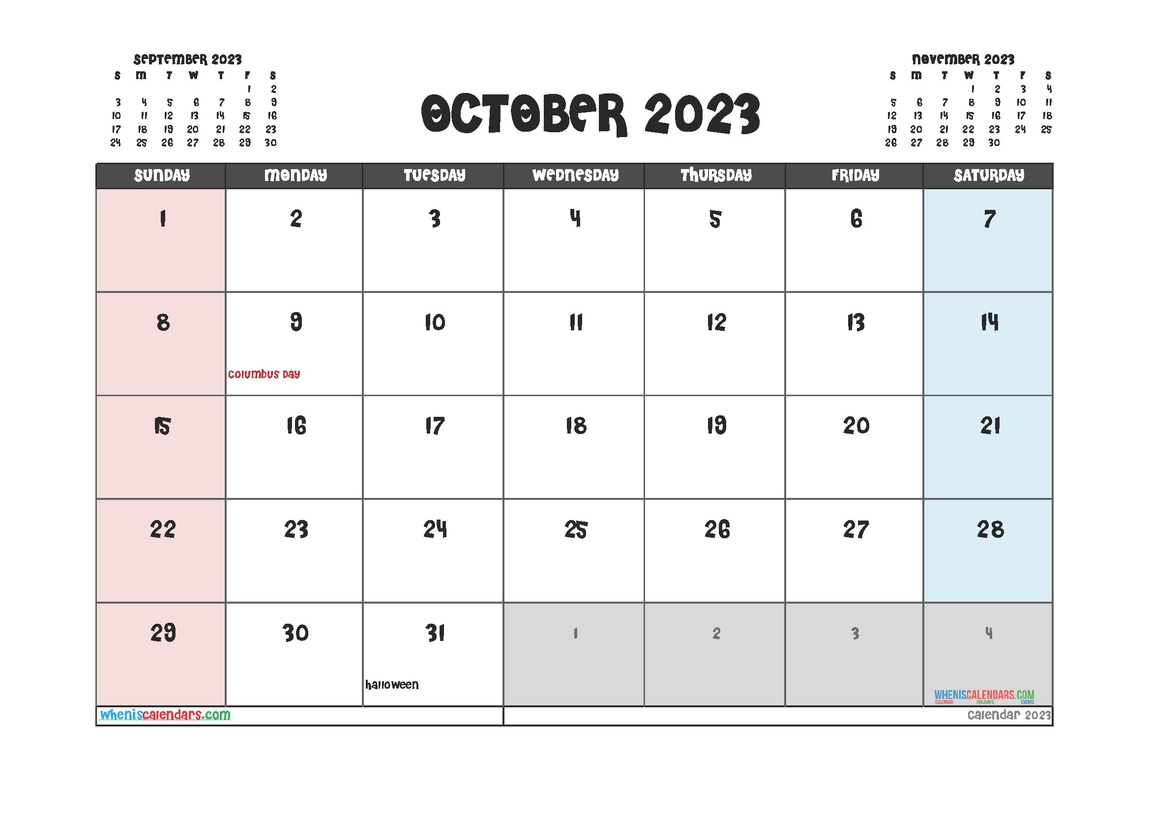 October 2023 Free Calendar Printable