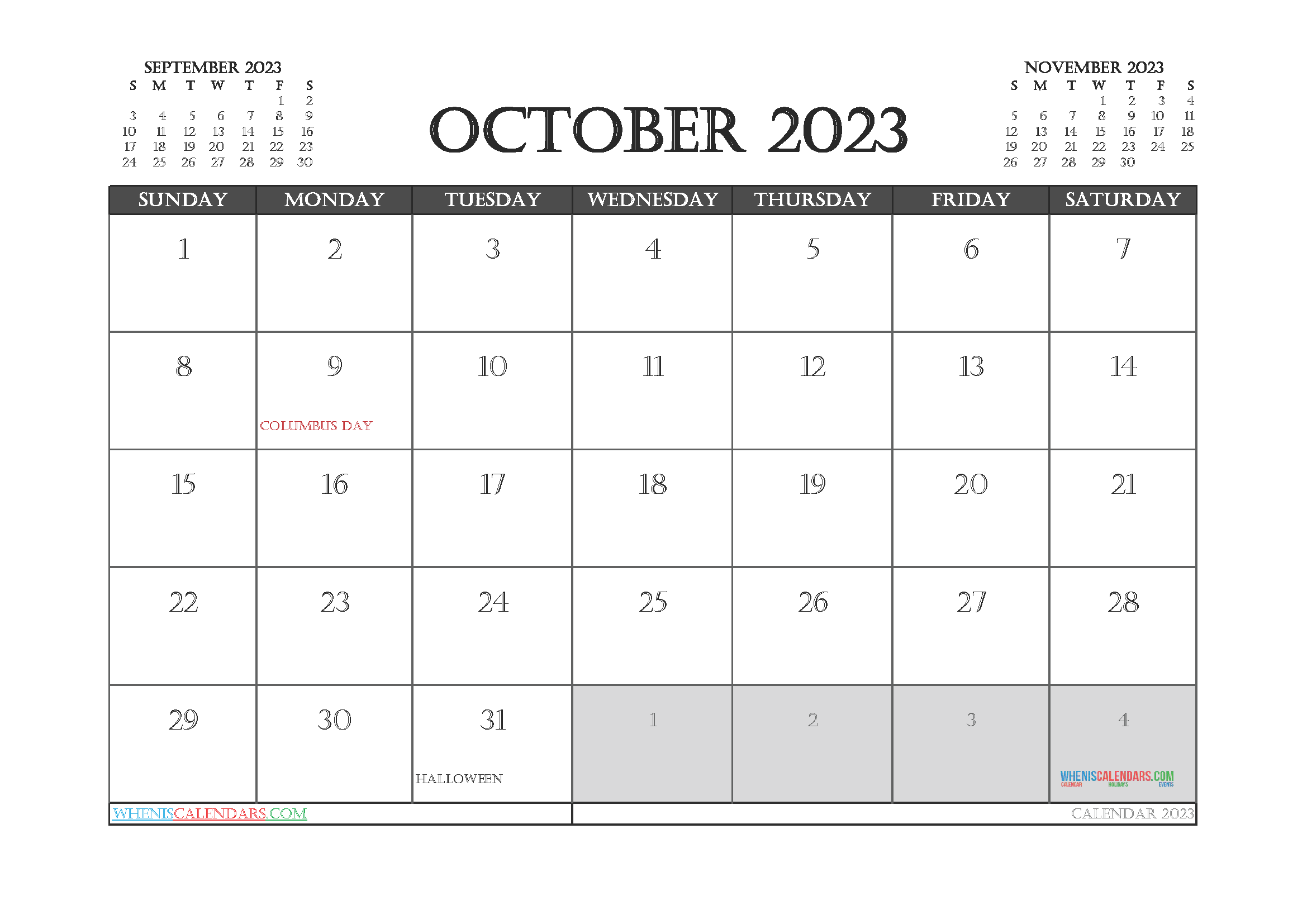 Printable Calendar October 2023 Free