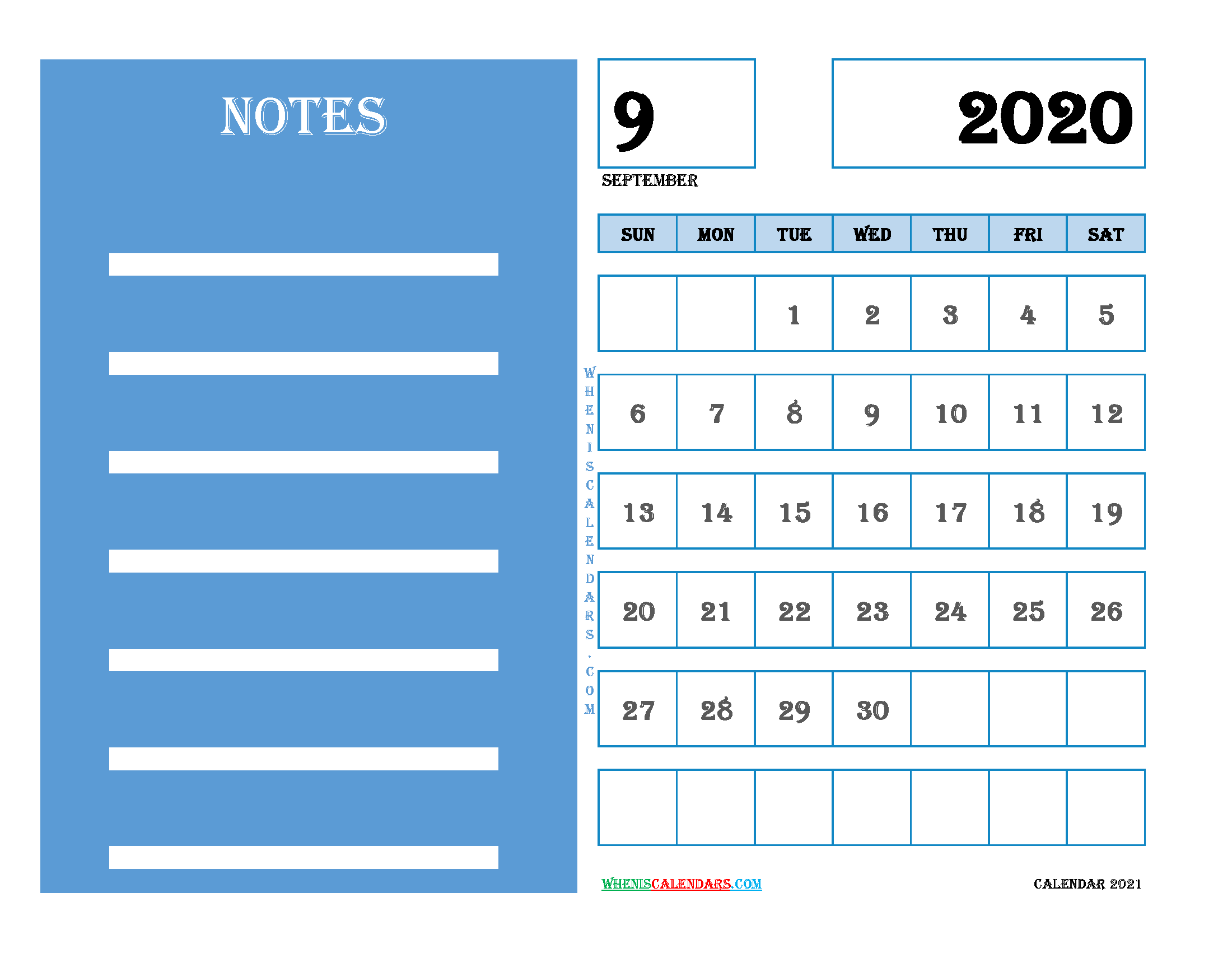 Free September 2020 Printable Calendar