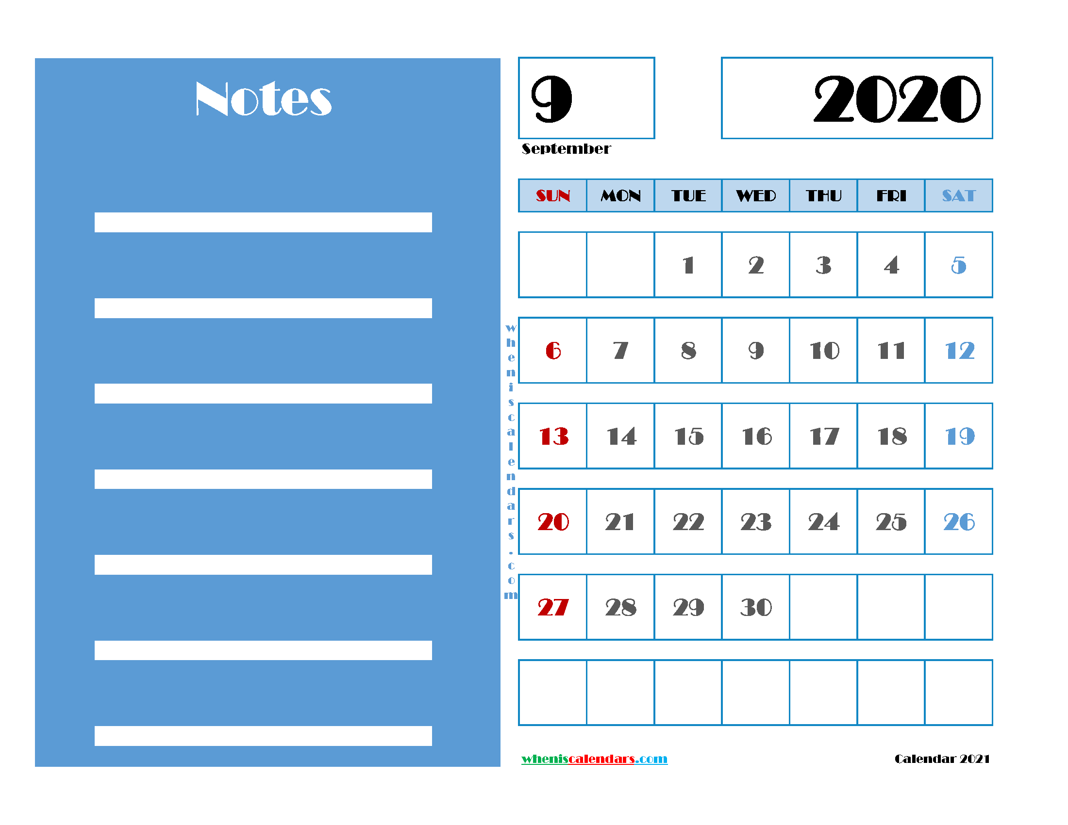 September 2020 Free Calendar Printable