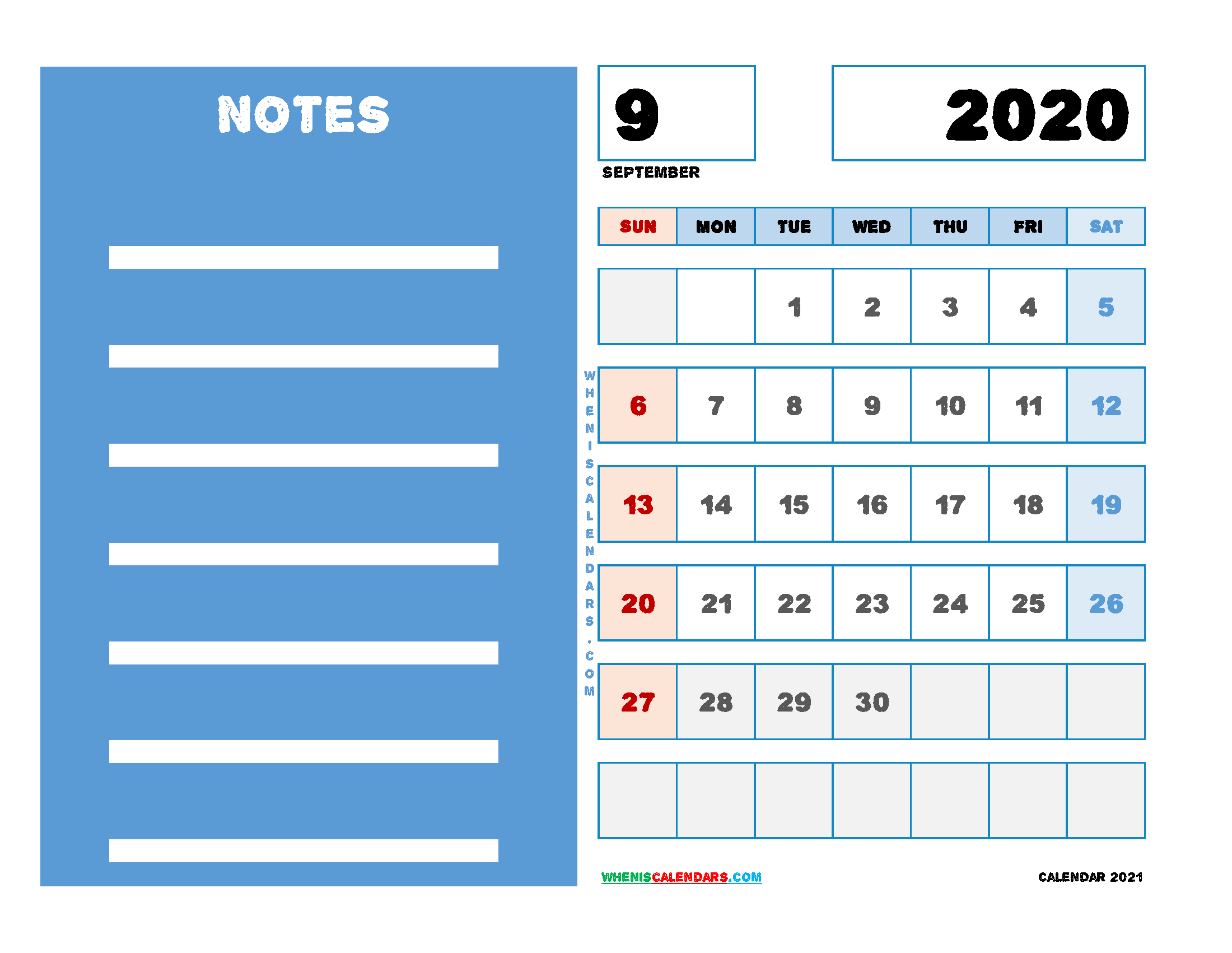 2020 September Calendar Printable Free