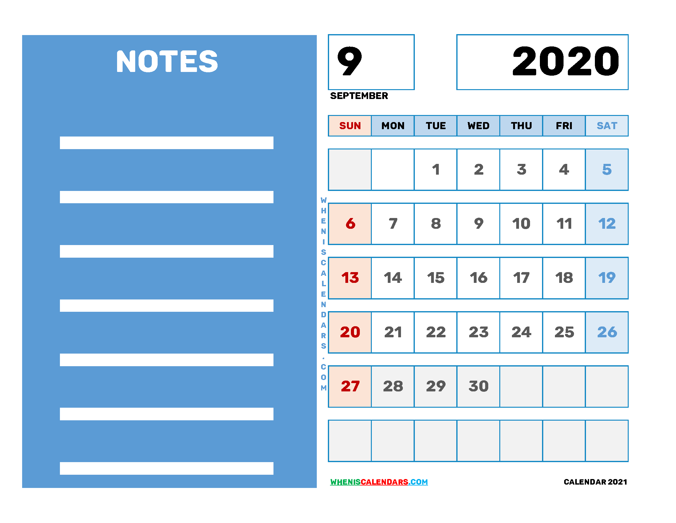 Free Editable September 2020 Printable Calendar