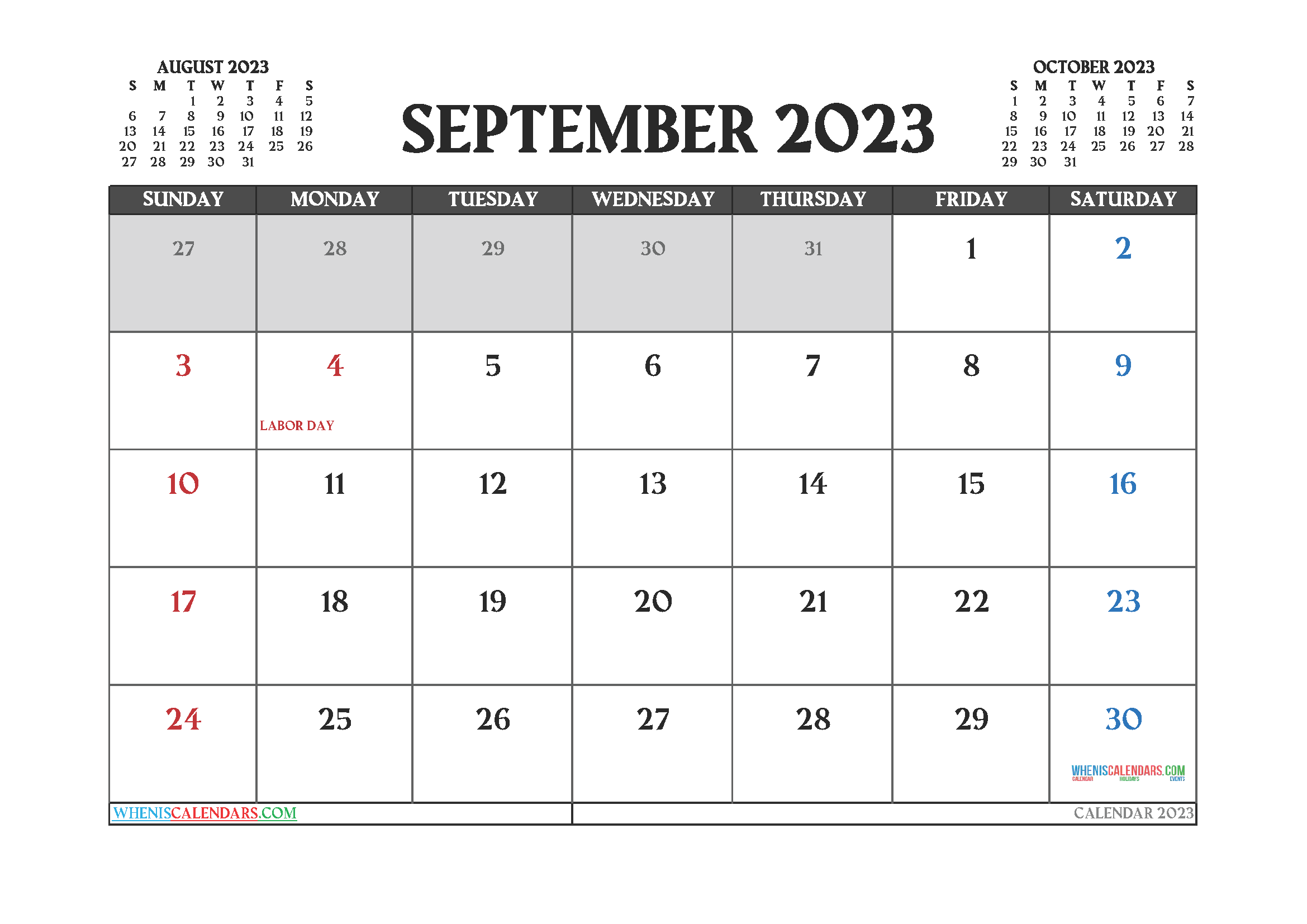 Calendar September 2023 with Holidays