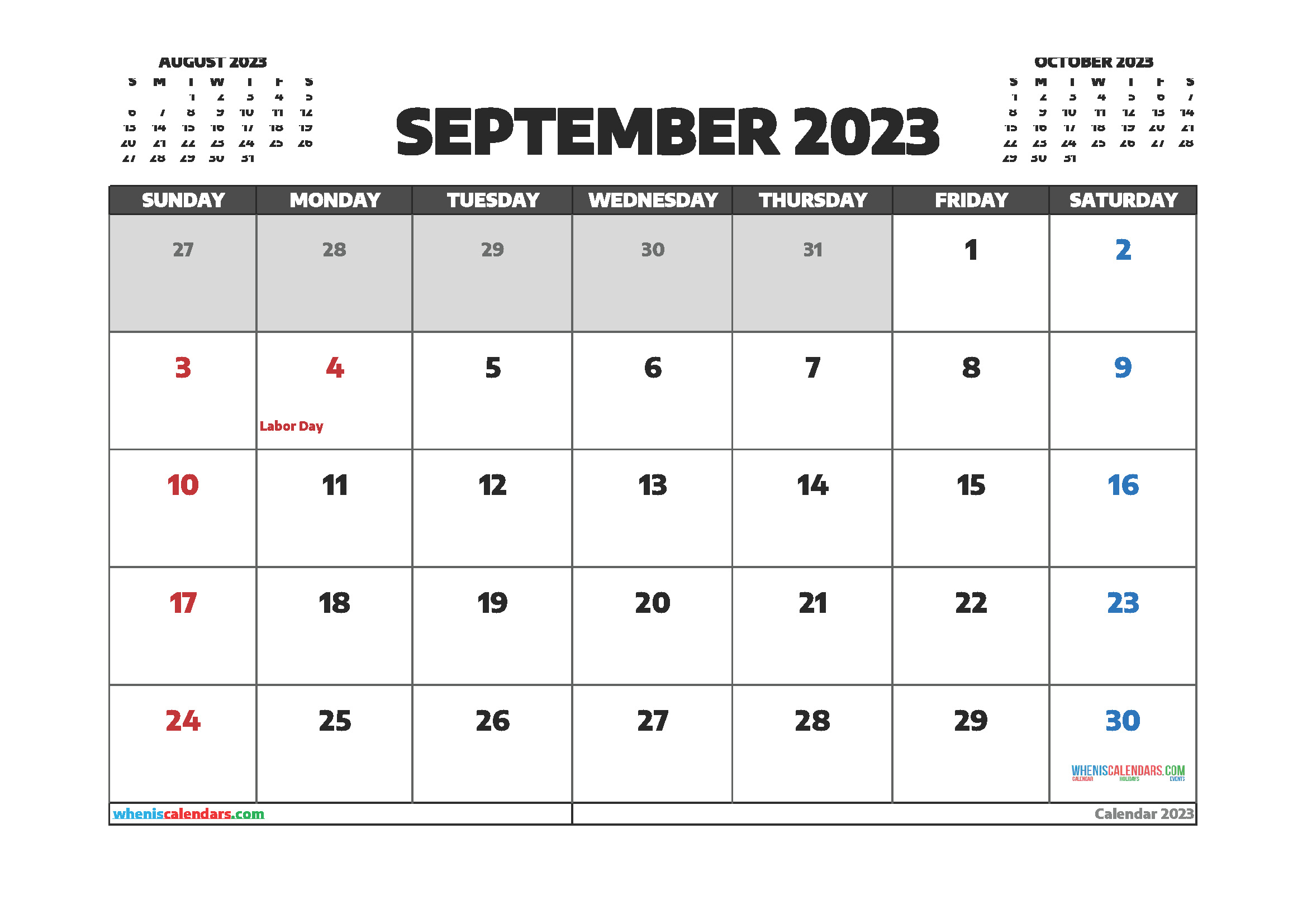 September 2023 Calendar Printable Free