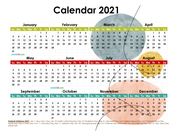 12 2021 Calendar With Holidays Free Printable (Watercolor Image)