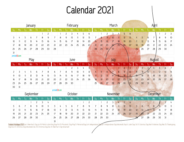 Printable 2021 Calendar with Holidays Free