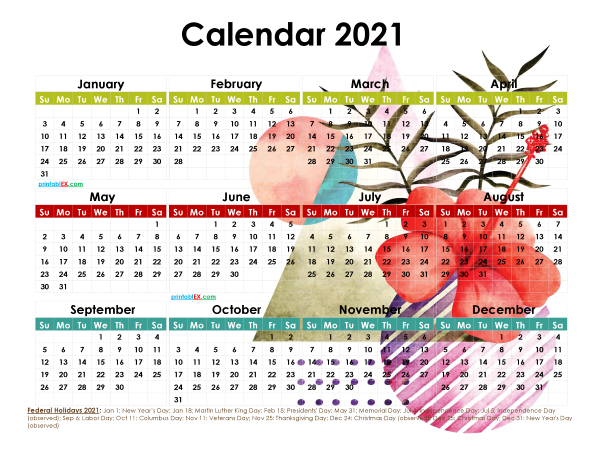 Free 2021 Printable Yearly Calendar with Holidays