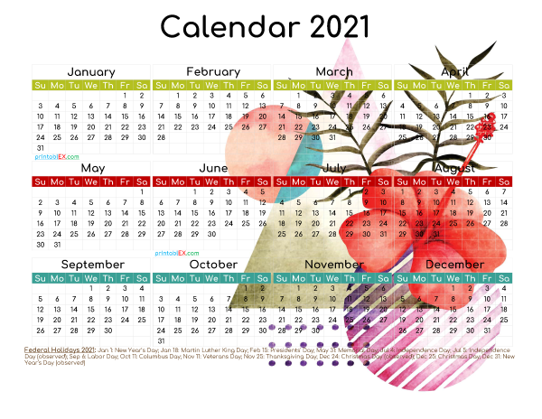 Printable 2021 Calendar with Holidays Free