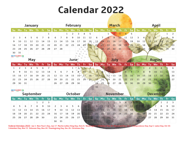 Free 2022 Printable Calendar with Holidays