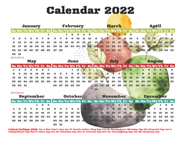 Free Printable 2022 Yearly Calendar With Holidays 12 Templates Watercolor