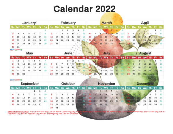 Printable 2022 Calendar with Holidays Free