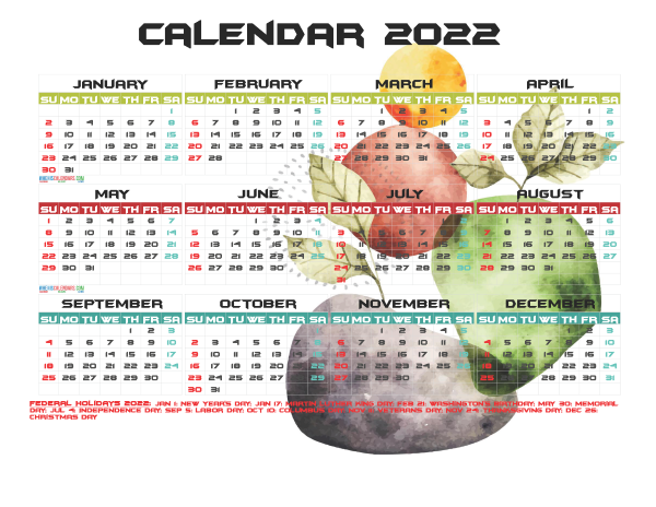 2022 Calendar with Holidays Free Printable