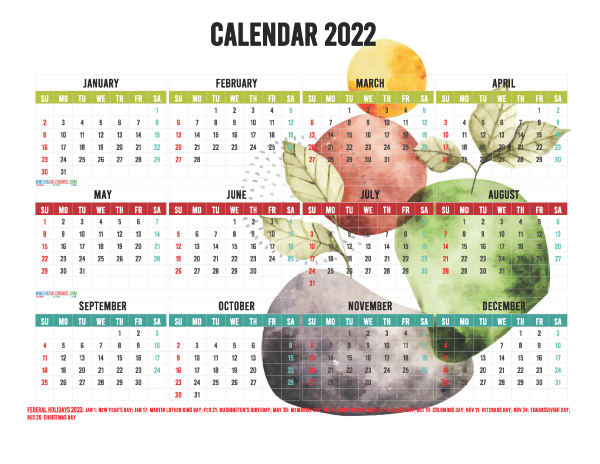 Free 2022 Printable Yearly Calendar with Holidays
