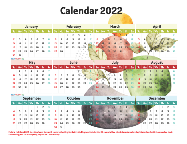 Free 2022 Printable Calendar with Holidays