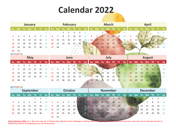 Free 2022 Printable Yearly Calendar with Holidays