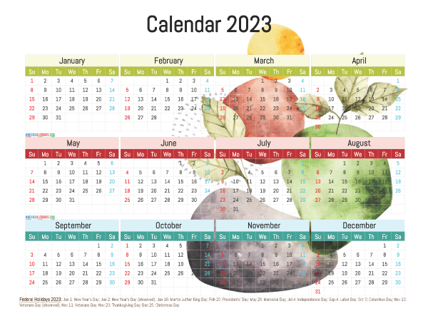 Free Printable 2023 Calendar With Holidays PDF Watercolor y2746abel 