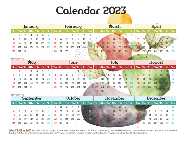 Free 2023 Printable Yearly Calendar with Holidays