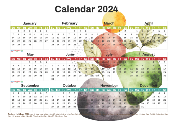 Printable 2024 Calendar with Holidays Free